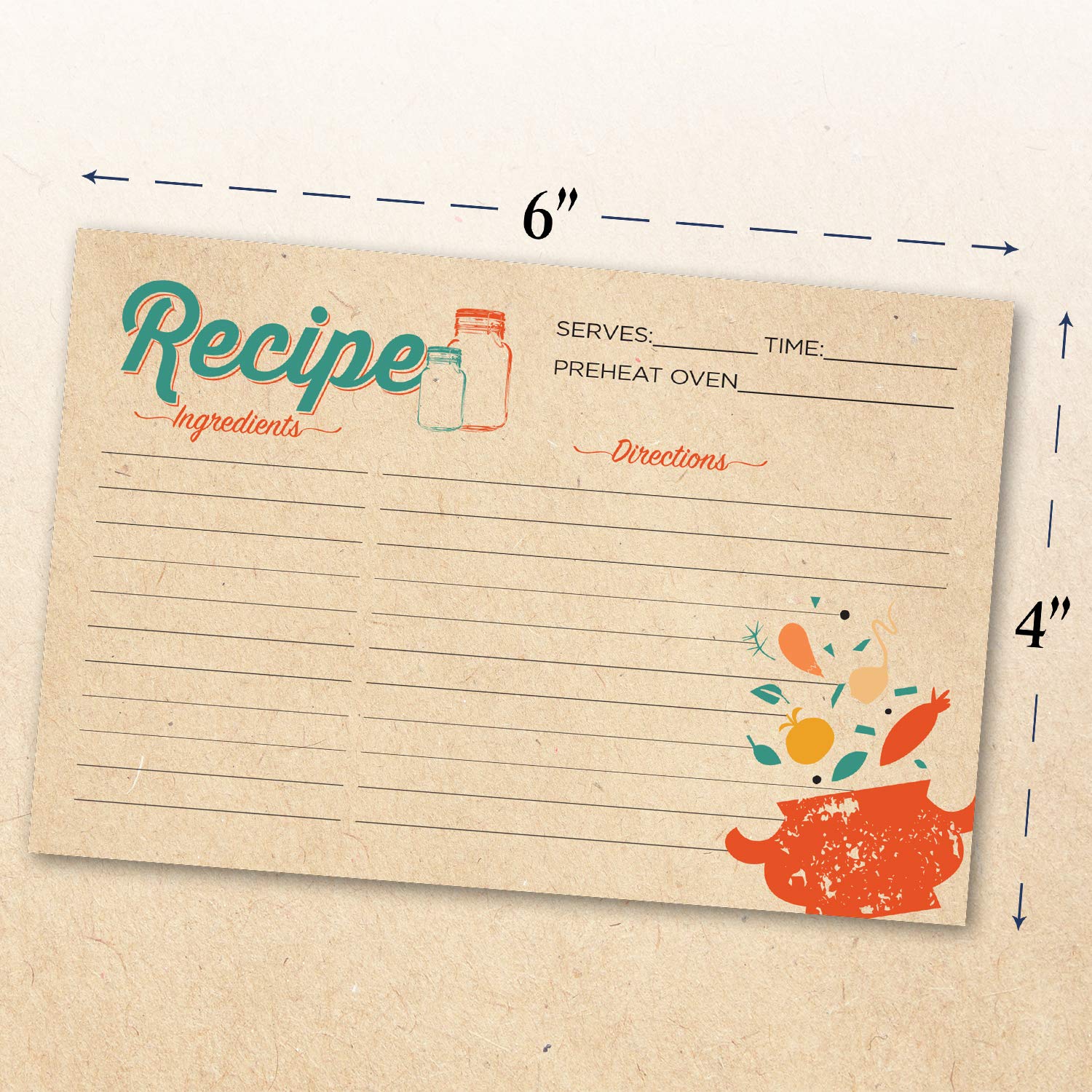 50-Pack Double Sided 4x6 Inch Recipe Cards - Thick Kraft Cardstock with Printed Lines & Smooth Writing Surface - Perfect for Recipe Organization, Meal Planning & Handwritten Cooking Notes