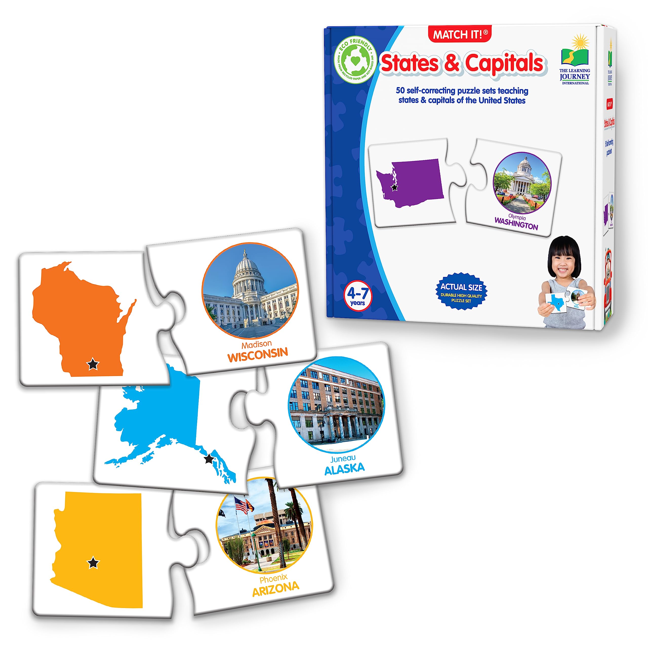 Match It! States & Capitals Puzzle Flash Cards – 50 Self-Correcting Two-Piece Learning Game – Award-Winning Educational Toy for Kids – Perfect for Homeschooling & Classroom Geography Lessons
