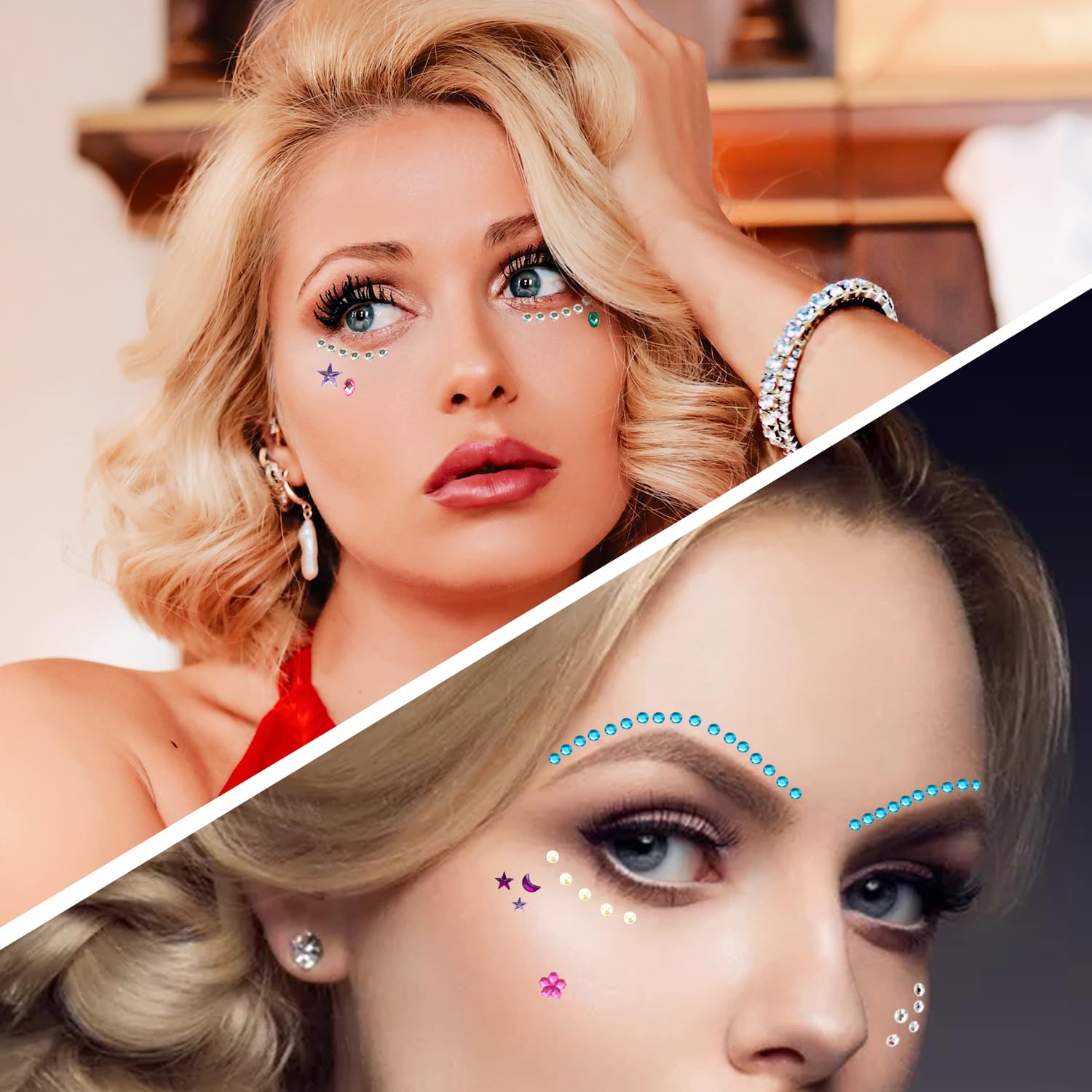 9 Sheets Self-Adhesive Face Gems Stickers - Sparkling Star, Flower & Drop Shape Rhinestones for Makeup, Halloween, Festival & Party (Pattern 1) | Perfect for Costume Parties, Raves, Music Festivals & Photo Shoots