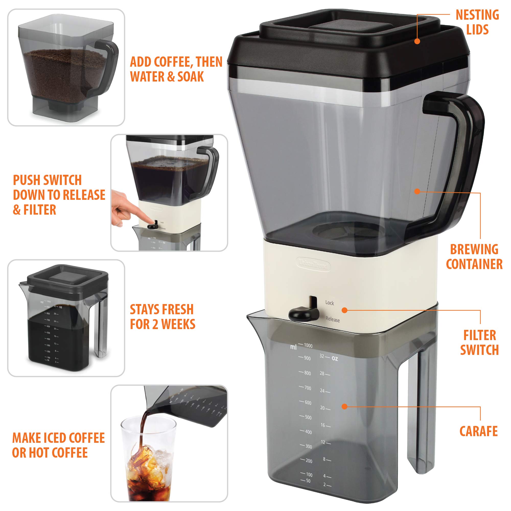 Premium Cold Brew Iced Coffee Maker - 12 Servings Rich Coffee Concentrate for Hot & Cold Drinks | Perfect for Home, Office & Outdoor Use