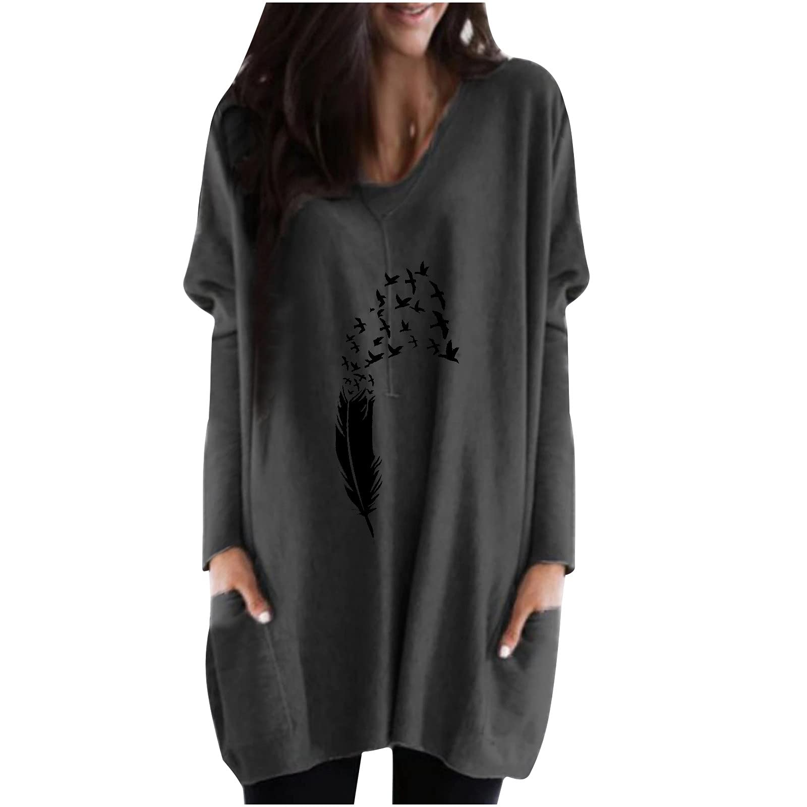 Women's Long Sleeve Dandelion Print Tunic Top - Loose Fit Casual Flowy Shirt with Pockets | Fall Fashion Layering Piece for Work, Weekend & Boho Outfits