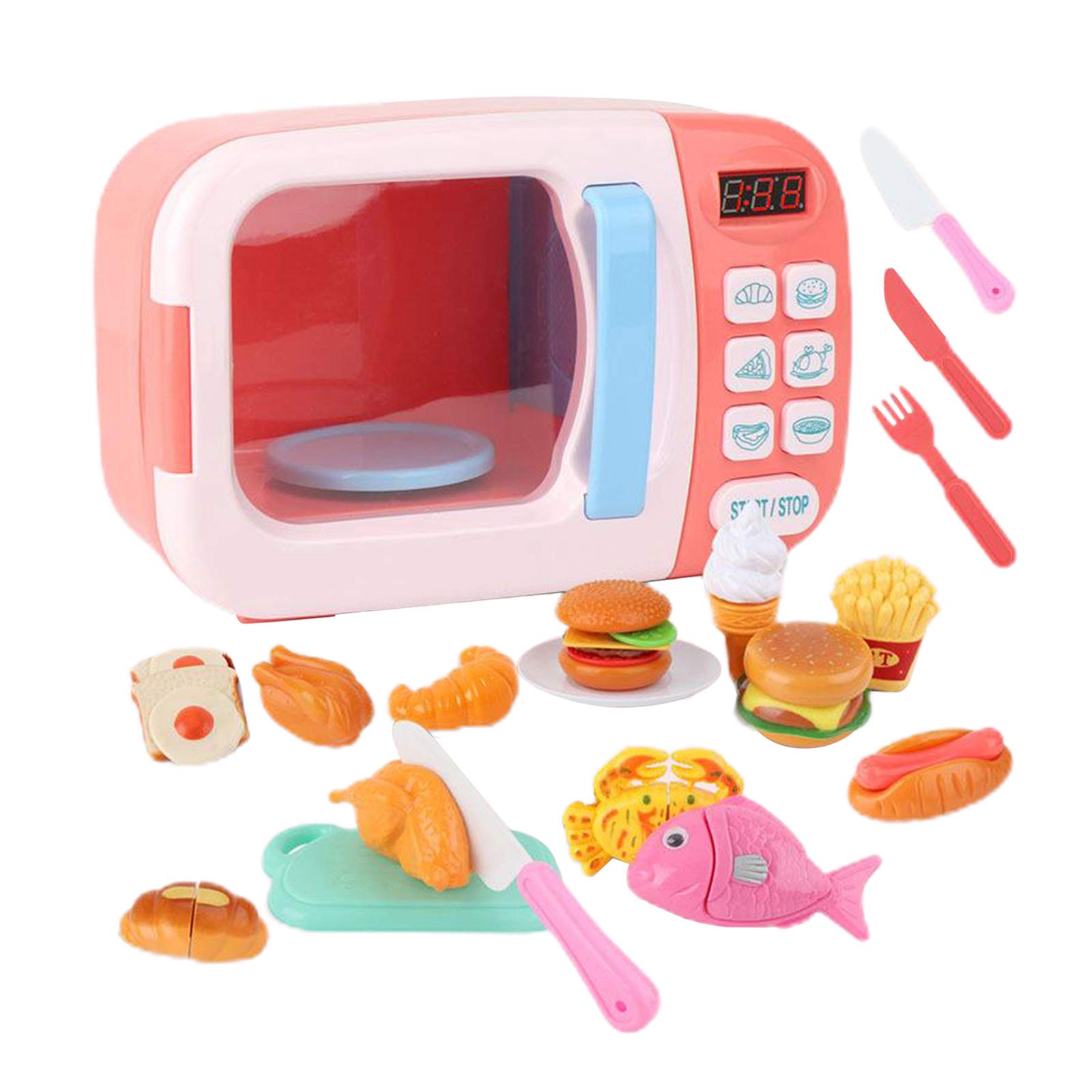 Almencla 31-Piece Pink Kids Pretend Play Microwave Oven Toy Set with Realistic Food - Interactive Electronic Kitchen Playset for Toddlers & Preschoolers - Perfect for Role Play, Birthday Gifts & Early Learning Development