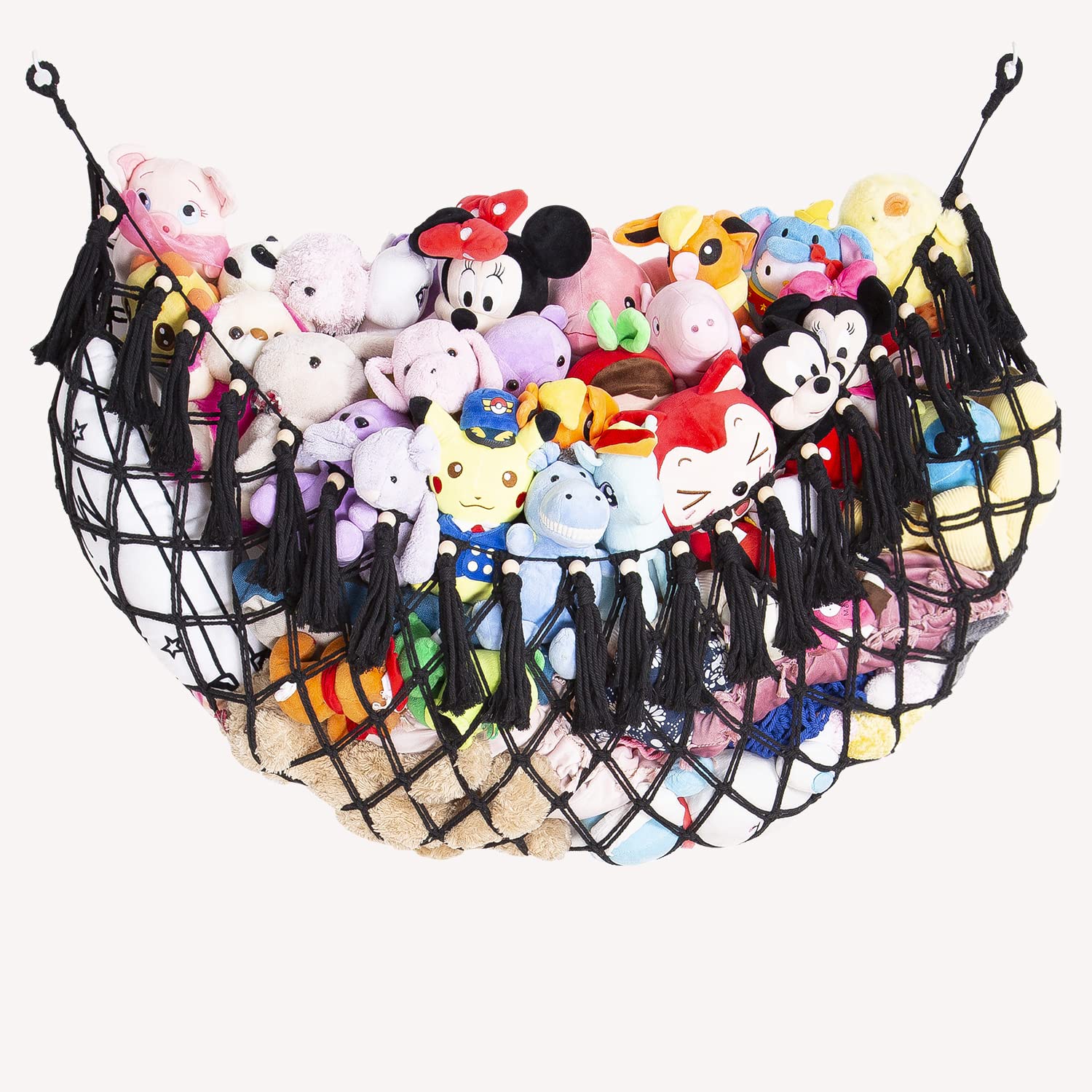 Large Macrame Stuffed Animal Hammock - Plush Toy Storage Net & Wall Hanging Organizer for Kids Room Decor (Black) | Perfect for Nursery, Playroom & Bedroom Organization