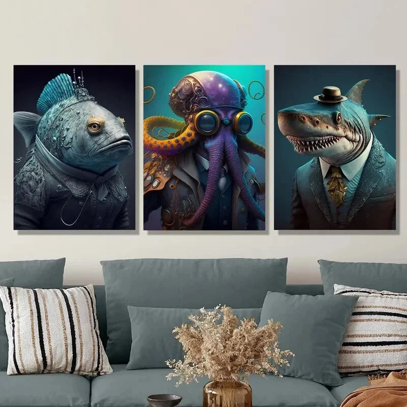 3-Piece Steampunk Octopus, Dolphin & Fish in Suits Metal Wall Art - Ready to Hang Home Decor for Living Room, Office & Bedroom