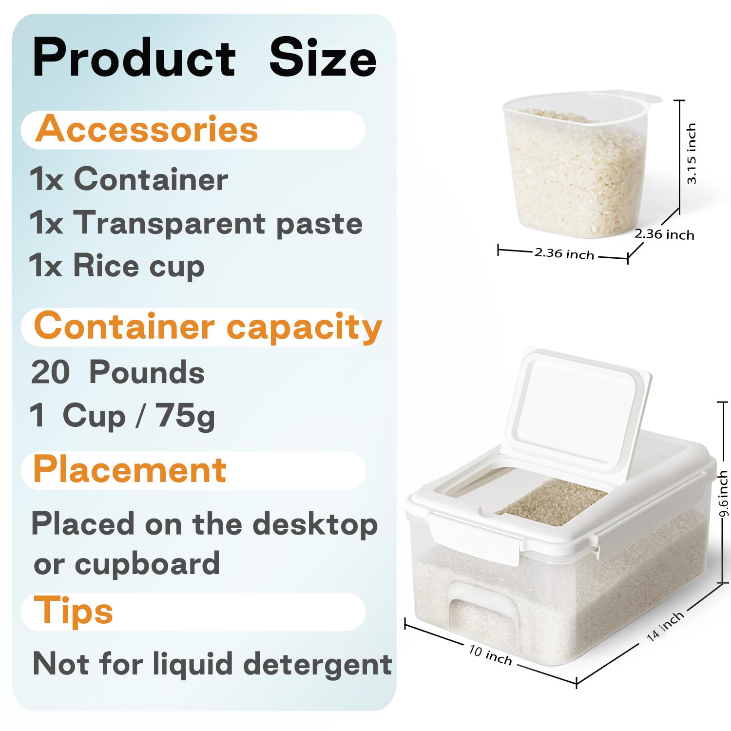 25lbs Rice Dispenser - 10.6qt/10kg Large Food Storage Container with Lid & Measuring Cup | BPA-Free Kitchen Grain Organizer | Perfect for Rice, Flour, Pet Food Storage | Ideal for Pantry, Restaurant & Bulk Food Organization