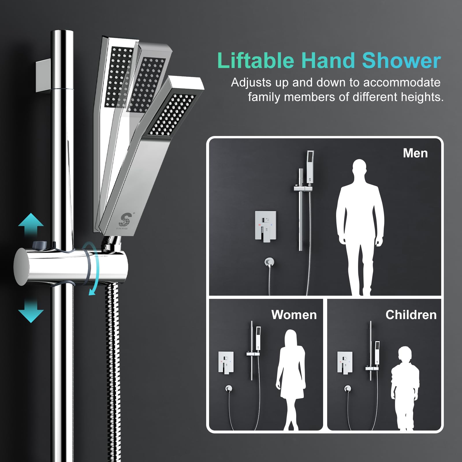 SR SUN RISE 12 Inch Slide Bar Shower System - Square Rainfall Shower Head & Handheld Spray Combo, Wall Mounted Shower Faucet Set with Valve & Trim Kit in Polished Chrome | Perfect for Modern Bathroom Renovation & Spa-Like Shower Experience