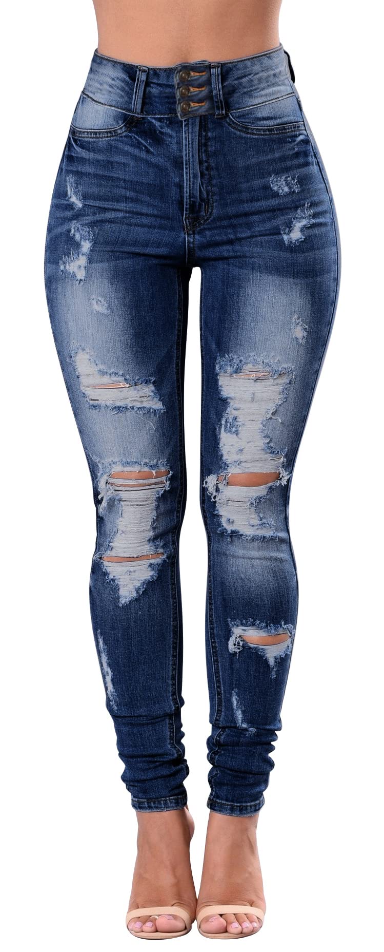 Women's High Waisted Butt Lifting Stretch Skinny Jeans - Ripped Distressed Denim Pants with Button Fly for Juniors | Perfect for Casual Outfits, Date Nights & Streetwear Fashion