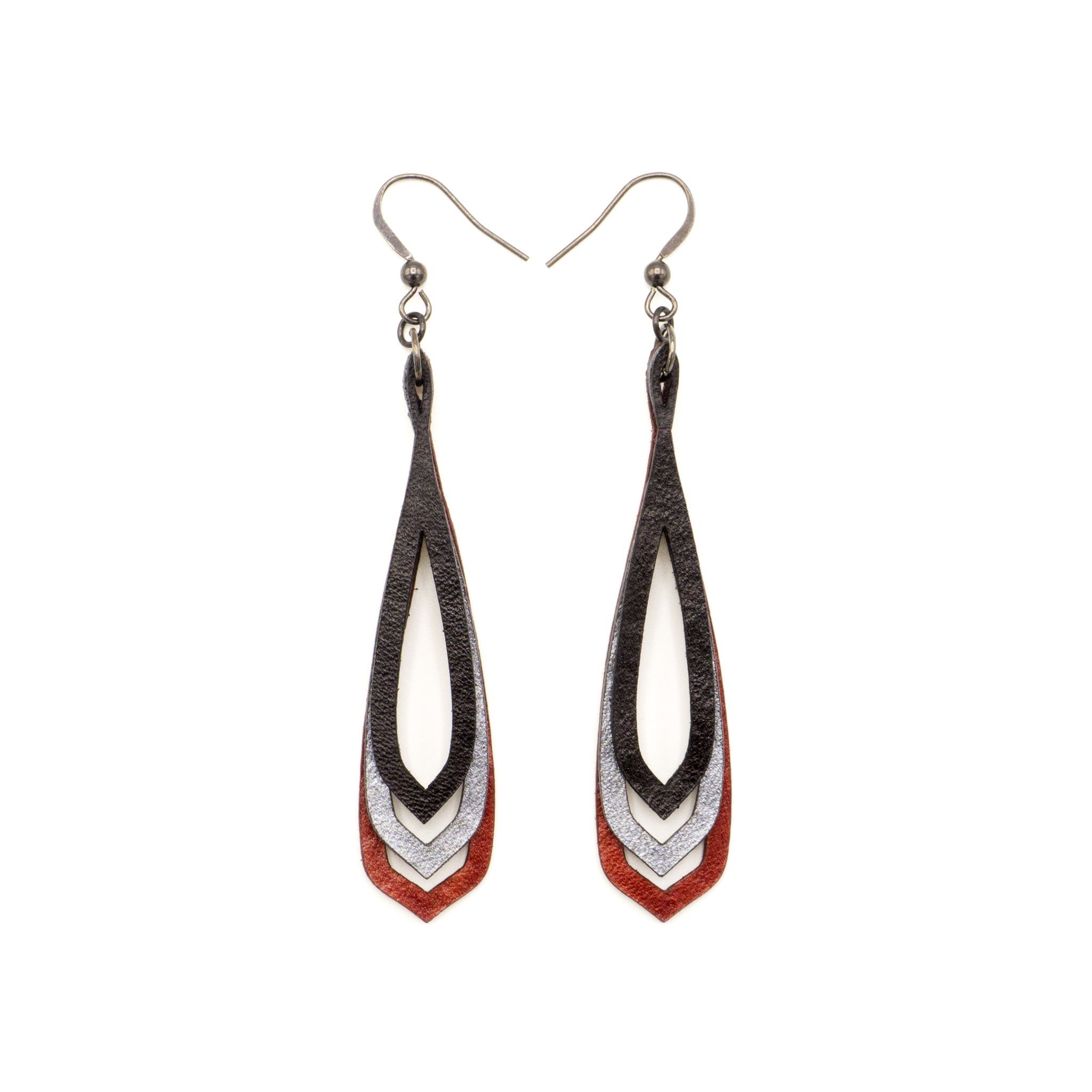 Saturā Handmade Leather Earrings with Red Pearl, Silver & Black Beads – Boho Chic Jewelry for Women, Perfect for Parties, Weddings & Everyday Wear