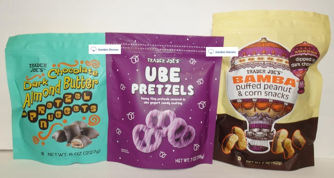 Trader Joe's Dark Chocolate Almond Butter Filled Pretzel Nuggets, UBE Pretzels & Bamba Puffed Peanut Corn Snacks - 3-Pack Variety | Gourmet Snack Mix for Parties, Office Treats & Movie Night Snacking