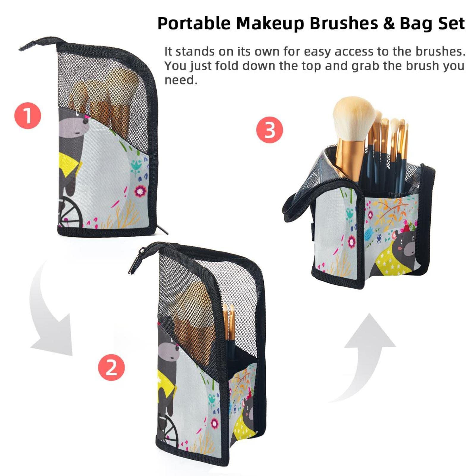 12-Piece Makeup Brush Organizer Bag with Funny Circus Flower Bear Design - Portable Travel Cosmetic Brush Holder Case for Makeup Artists & Beauty Enthusiasts - Perfect for Home, Travel & Professional Use