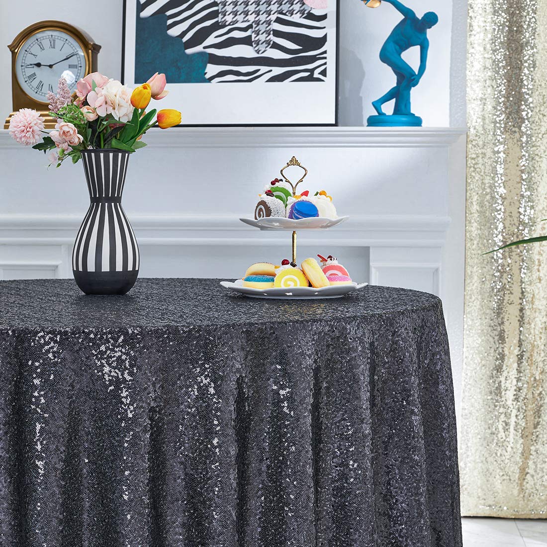 Hahuho 50x50 Inch Black Sequin Tablecloth - Glitter Party Table Cover for Wedding, Birthday, Bridal Shower, Banquet & Dessert Table Decor - Perfect for Holiday Celebrations, Dinner Parties & Special Events