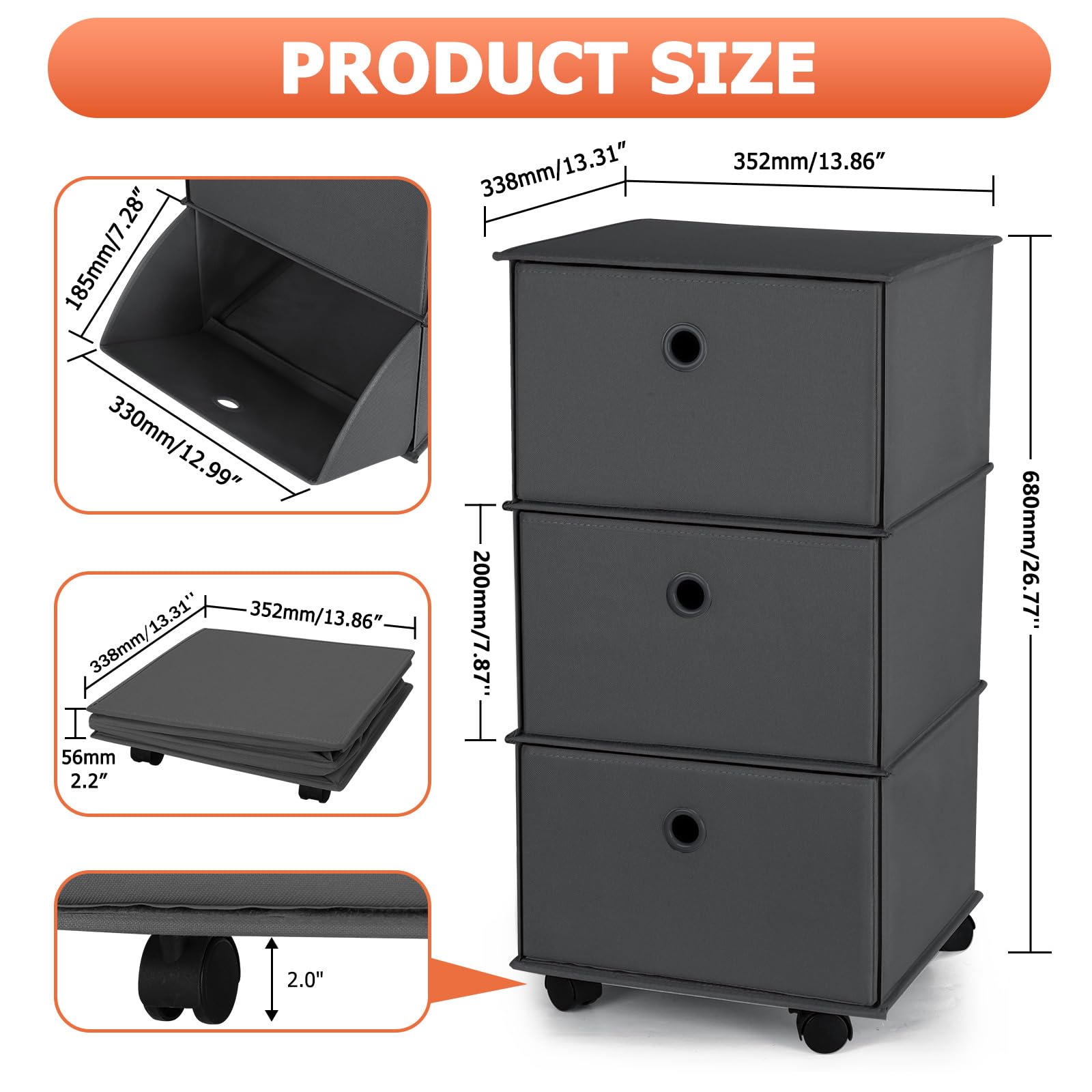 JOMOLA 3-Tier Storage Organizer - Foldable Rolling Fabric Dresser Closet for Clothes, Black - Lightweight Wardrobe Organizer for Bedroom, Living Room & Nursery - Perfect for Small Spaces, Dorm Rooms & Apartment Storage