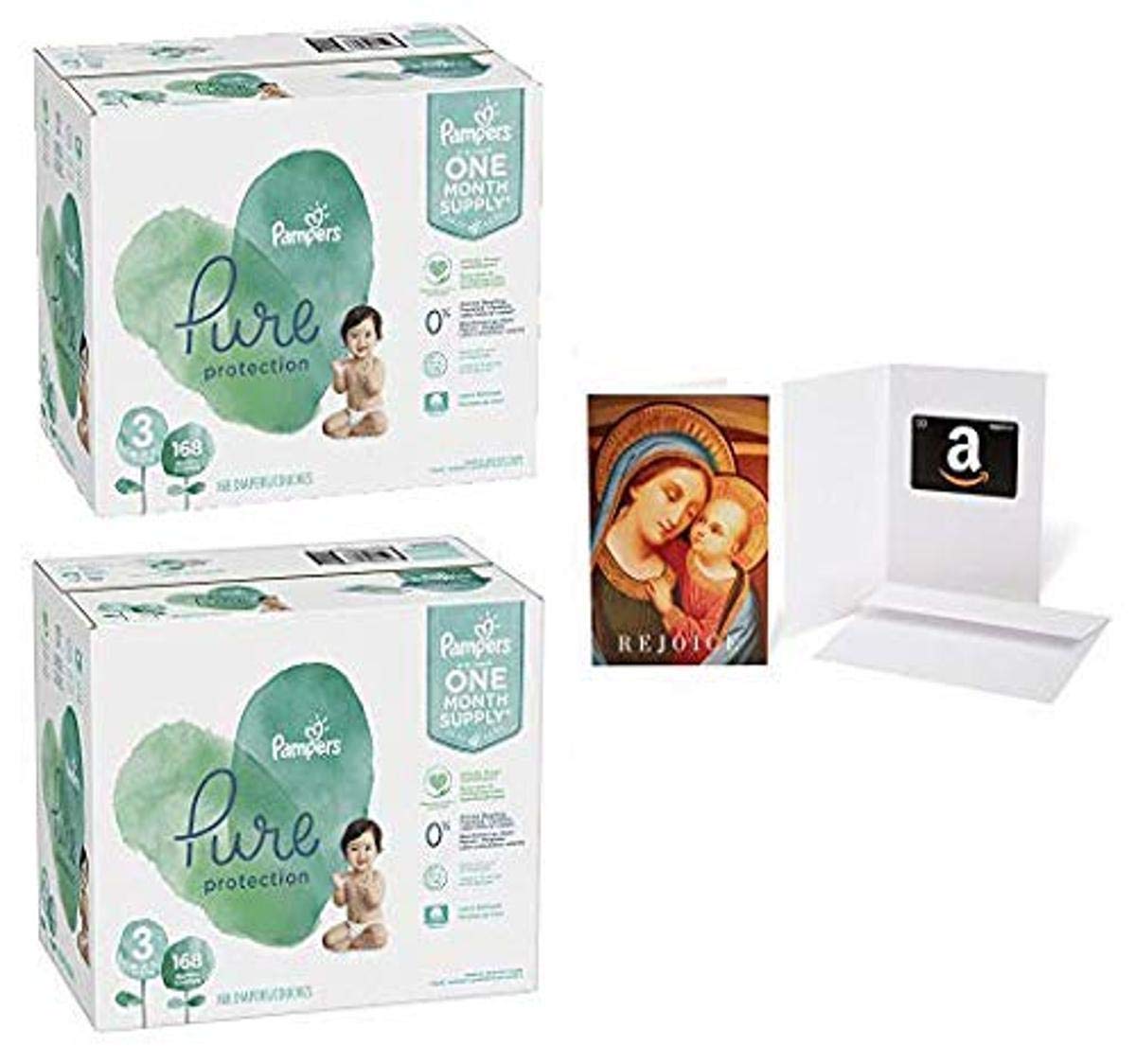 Pampers Pure Disposable Baby Diapers Size 3 (168 Count) - Hypoallergenic, Fragrance Free Diaper Protection - 2 Pack with $20 Amazon Gift Card in Madonna with Child Greeting Card - Perfect for Newborns, Infants & Toddlers for Day & Night Use at Home or Travel