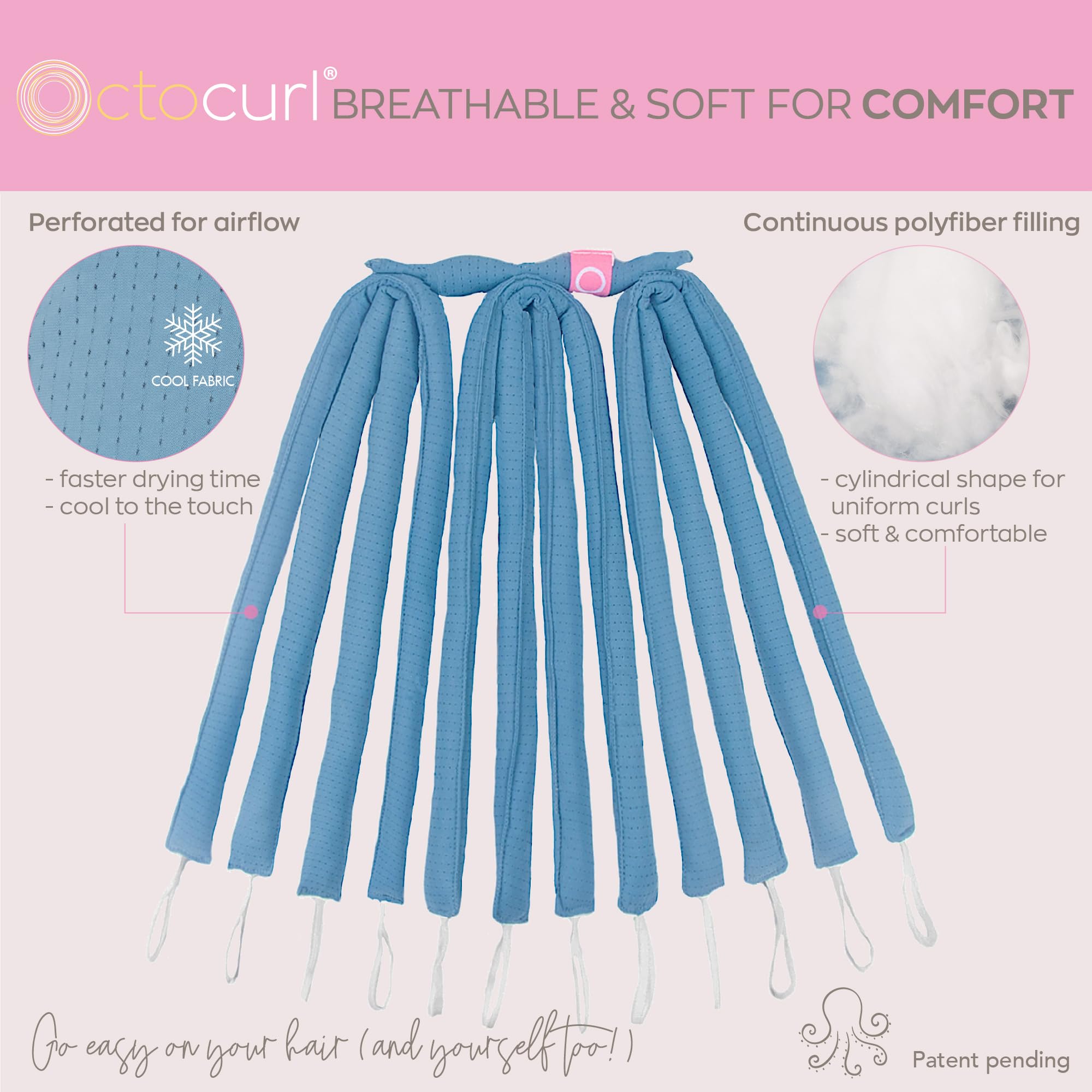 Octocurl Heatless Hair Curler - No Heat No Damage Overnight Curling Tool for Medium to Long Hair | Soft Octopus Hair Rollers for Natural Waves | Perfect for Sleep, Travel & Special Occasions (QMax - Blue)