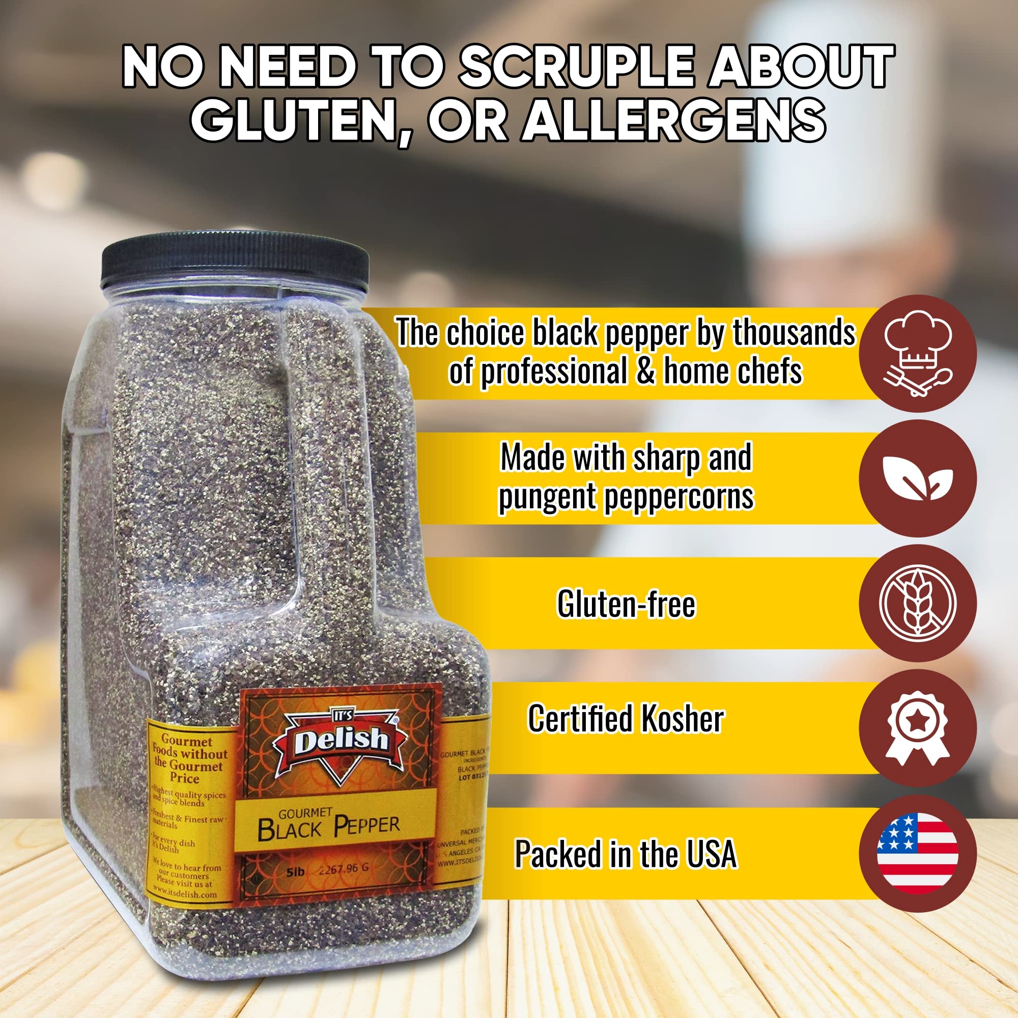 Premium Gourmet Ground Black Pepper by It’s Delish – 5 LB Bulk Restaurant Size with Handle | All Natural, Kosher Certified Table Grind Spice | Perfect for Cooking, Seasoning & Food Presentation