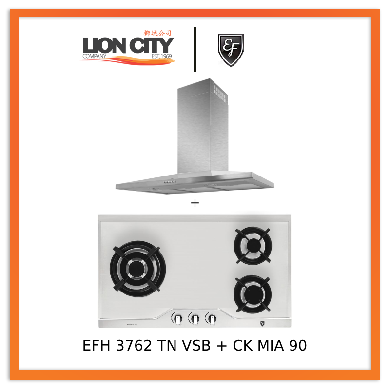 EF CK Mia 90 90cm Stainless Steel Chimney Hood & EF EFH 3762 TN VSB 78cm Built-in Stainless Steel Gas Hob - Professional Kitchen Ventilation & Cooking Solution for Home Chefs