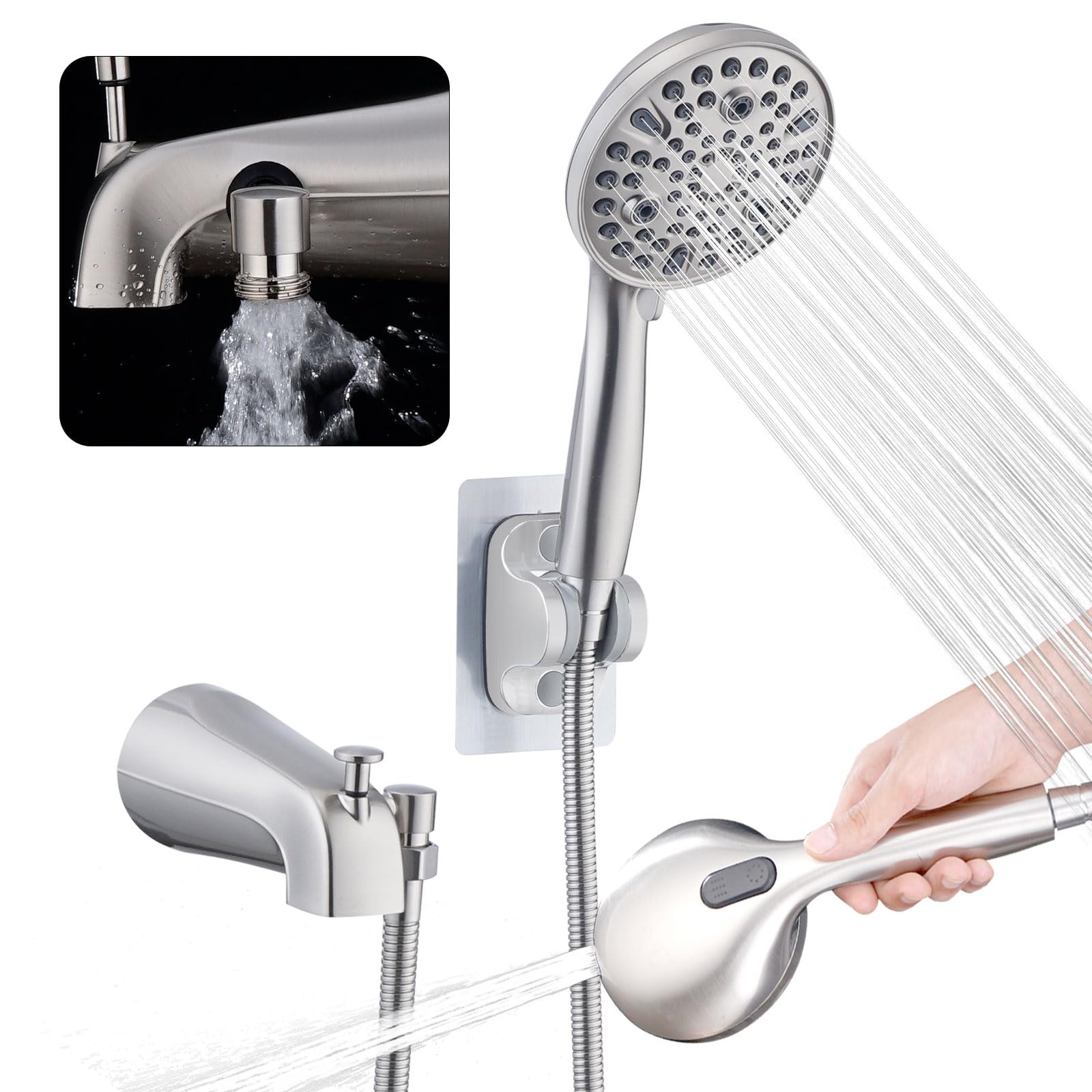 Premium All-Metal Bathtub Faucet with 10-Setting Handheld Sprayer & Diverter - Brushed Nickel Finish for Bathroom & Spa - Perfect for Relaxing Baths, Showering & Cleaning