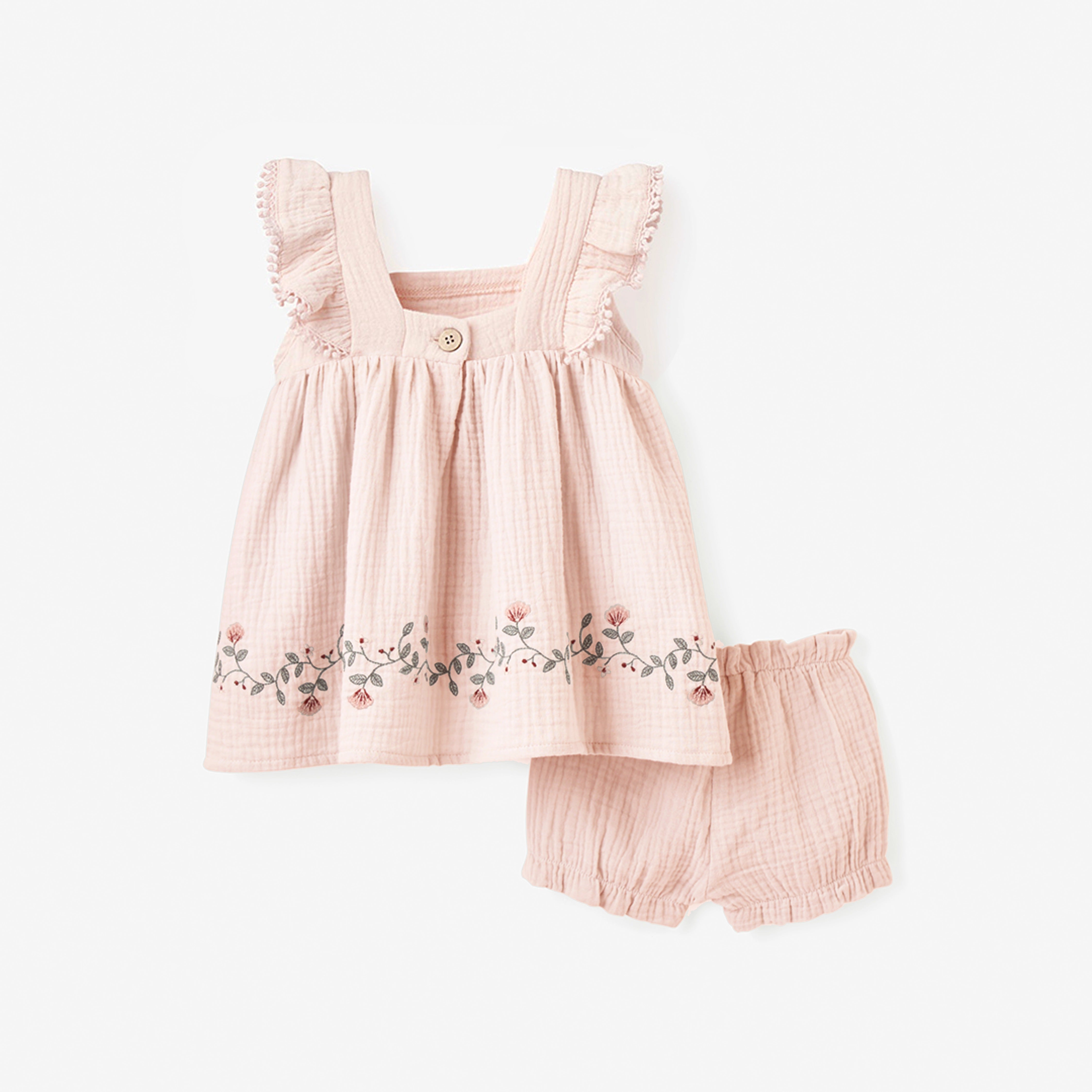 Organic Cotton Embroidered Blush Pink Muslin Dress for Women - Perfect for Summer Weddings, Beach Vacations & Boho Fashion