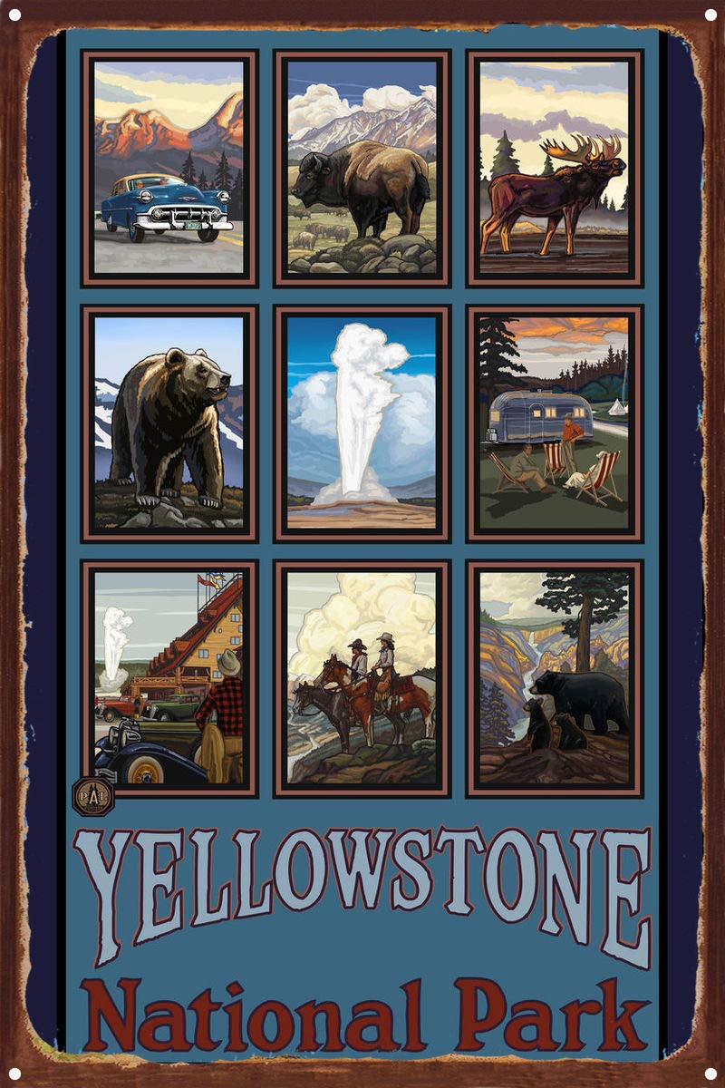 Yellowstone National Park Blue Collage Rustic Metal Art Print - 11.5x17.5 Inch Travel Wall Decor by Artist Paul A. Lanquist - Perfect for Home, Office & Cabin Decor