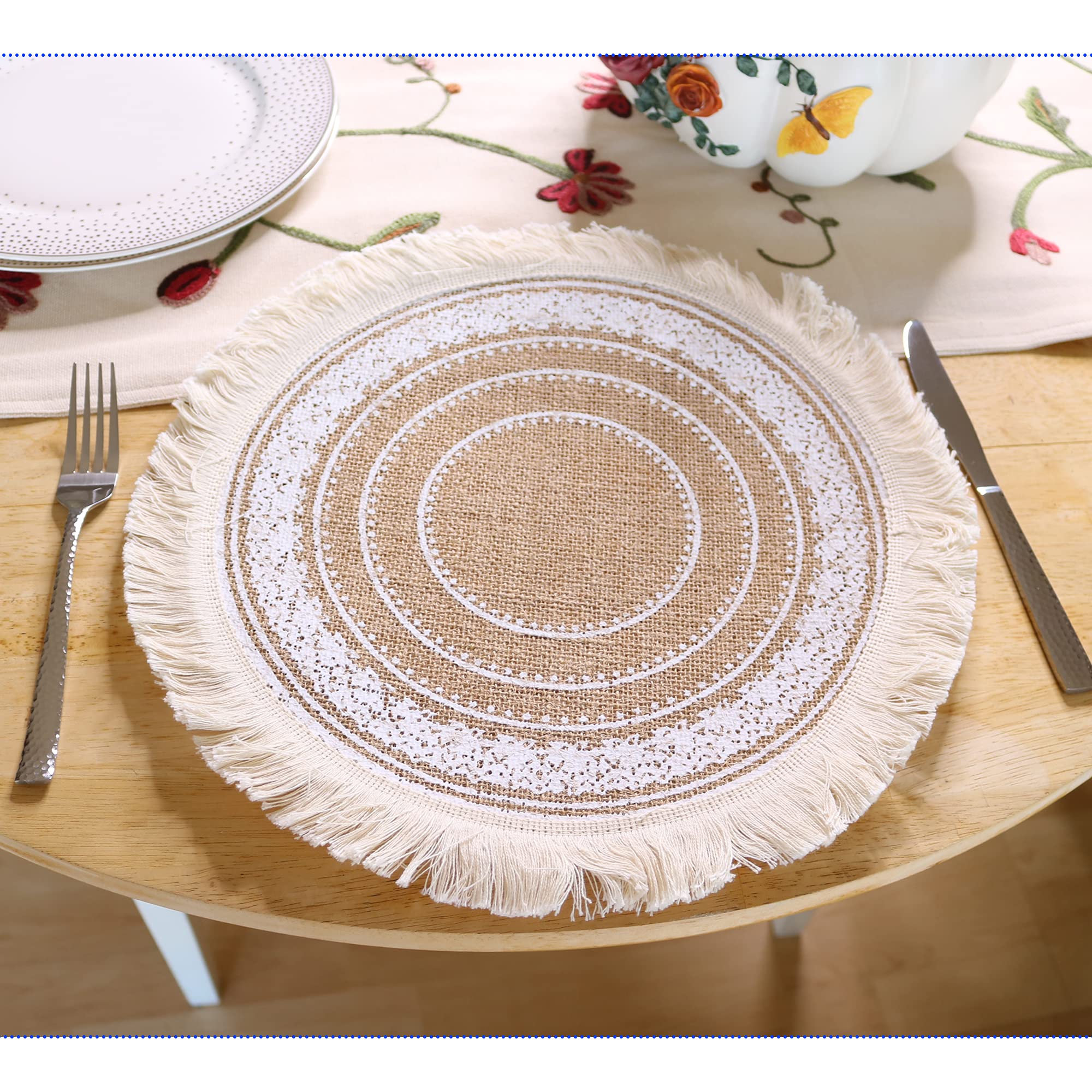 8-Piece Round Burlap Placemats Set - 15 Inch Bohemian Table Mats with Tassels for Rustic Weddings, Boho Home Decor & Mandala Dining Accessories | Perfect for Farmhouse Kitchens, Dinner Parties & Holiday Entertaining (Boho Enigma Design)