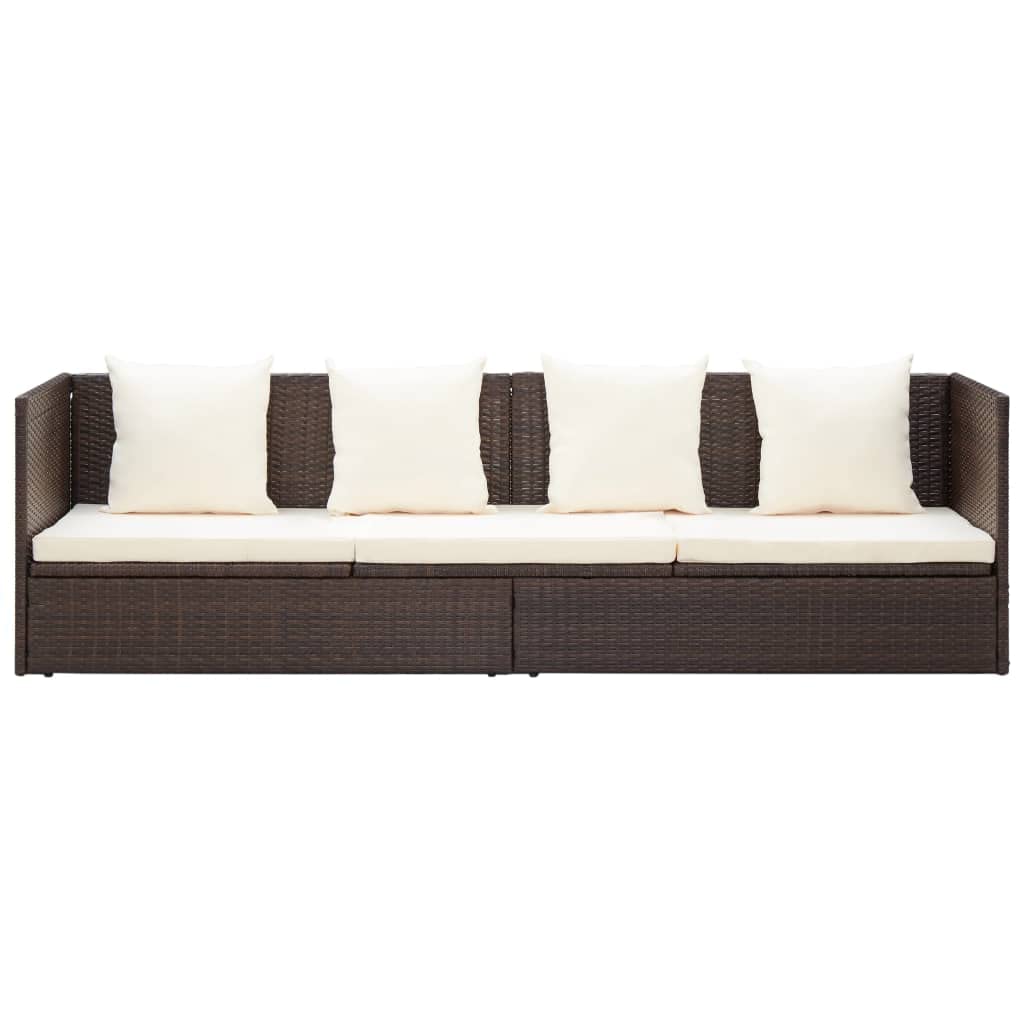Brown Poly Rattan Patio Lounge Bed with Cushion & Pillows for Outdoor Relaxation
