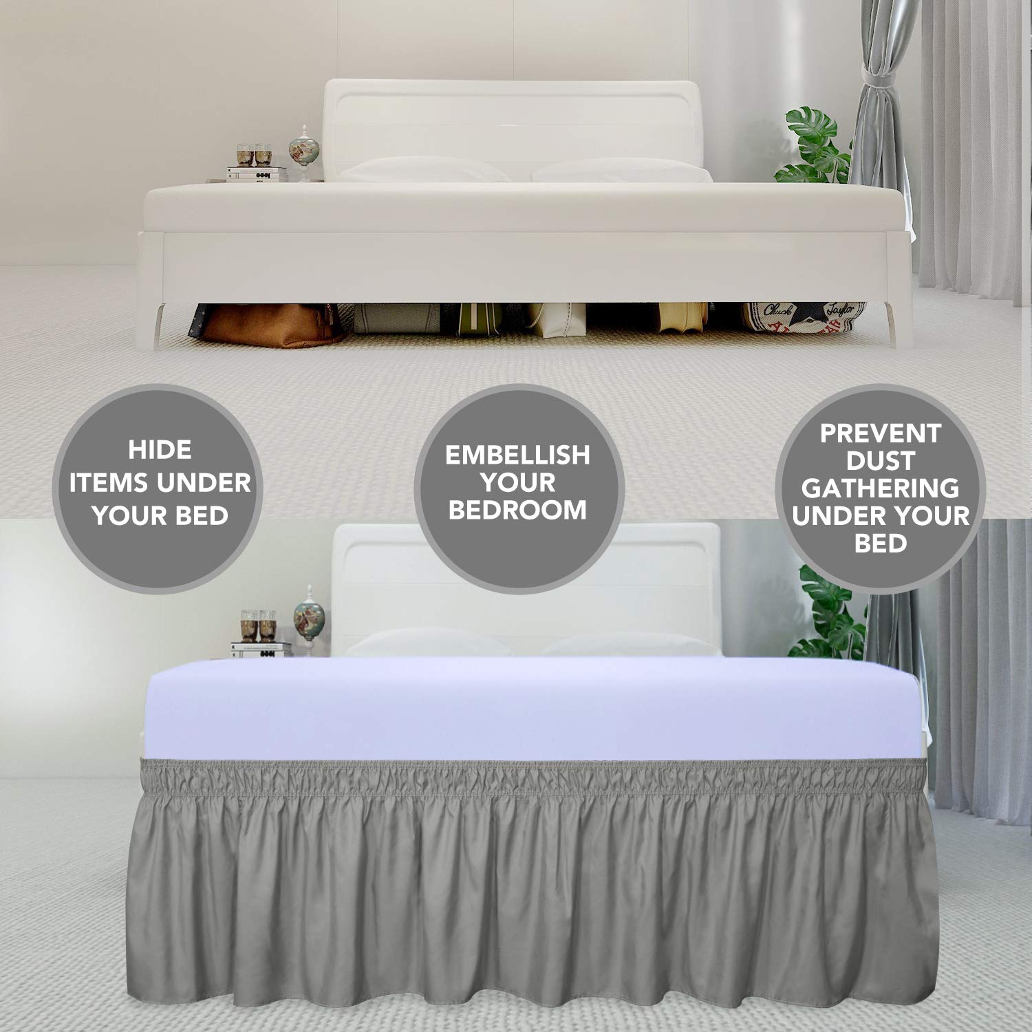 PureFit Wrap Around Ruffled Bed Skirt with Adjustable Elastic Belt - 14 Inch Drop Easy to Install, Wrinkle-Free Dust Ruffle for Queen, King & California King Size Beds | Perfect Bed Frame Cover for Hotels, Guest Rooms & Master Bedrooms (Gray)