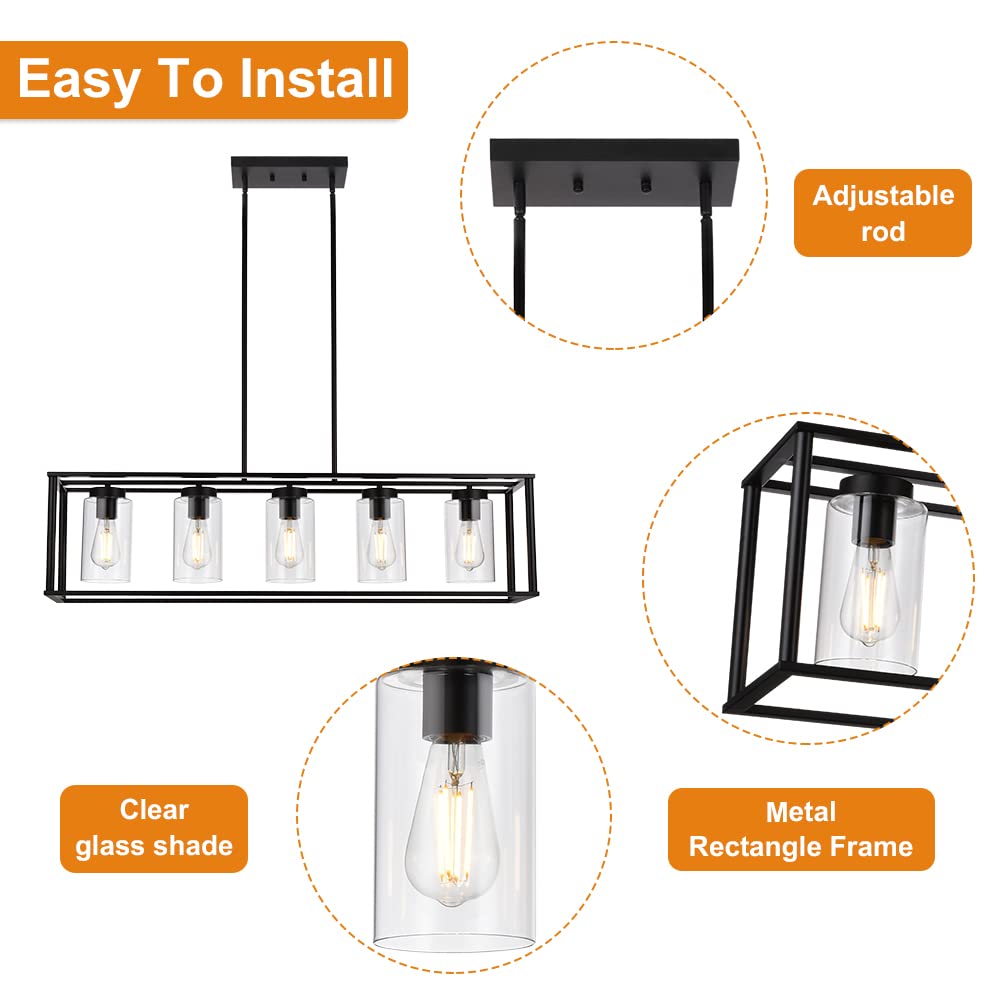 VINLUZ 5-Light Black Rectangle Farmhouse Chandelier - Adjustable Hanging Pendant Light with Glass Shade for Dining Room, Kitchen Island & Modern Home Decor | Rustic Industrial Ceiling Lighting Fixture