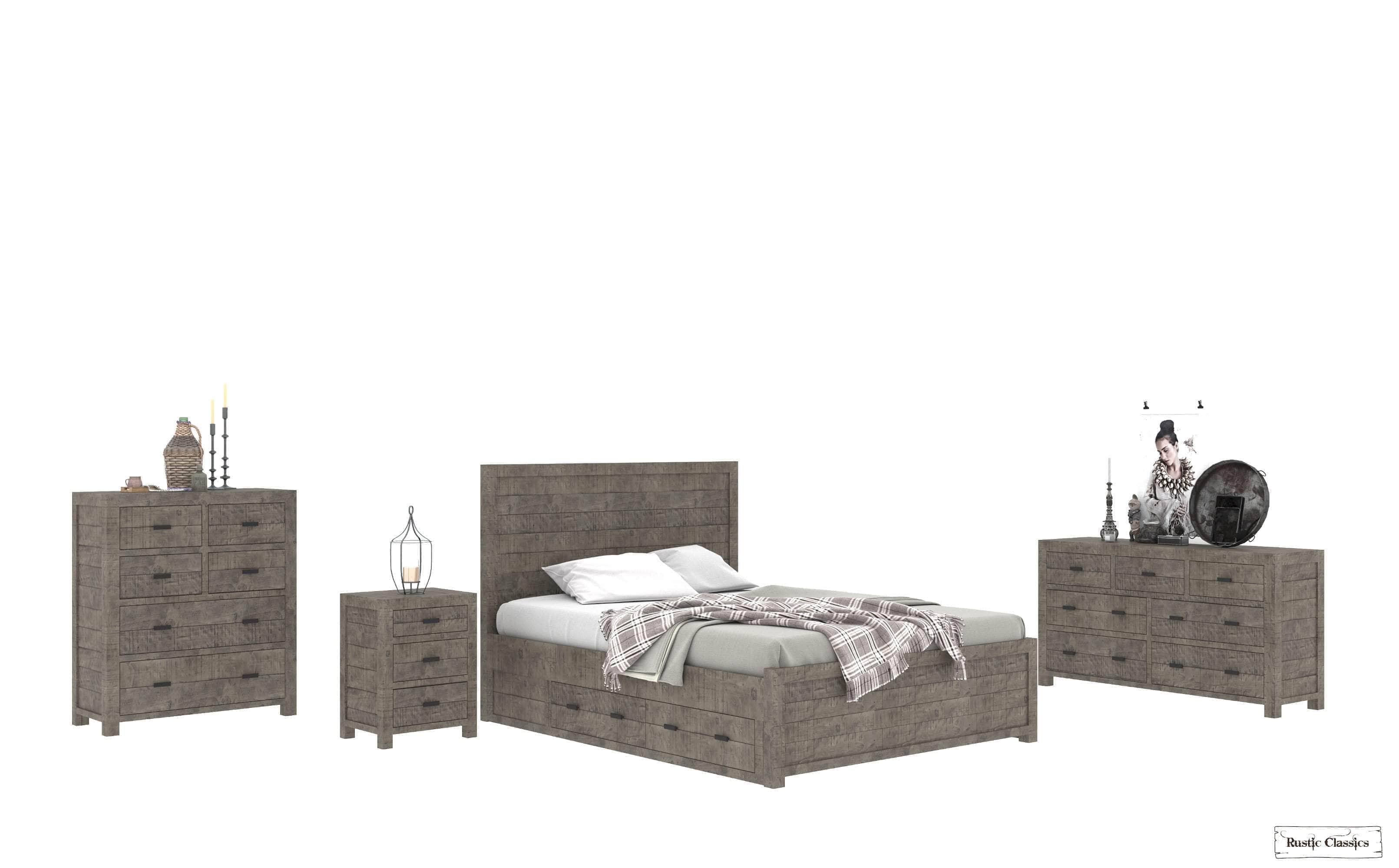 Whistler 4-Piece Reclaimed Wood Storage Platform Bedroom Set in Grey - Queen & King Size Options | Space-Saving Bedroom Furniture for Small Apartments & Modern Homes