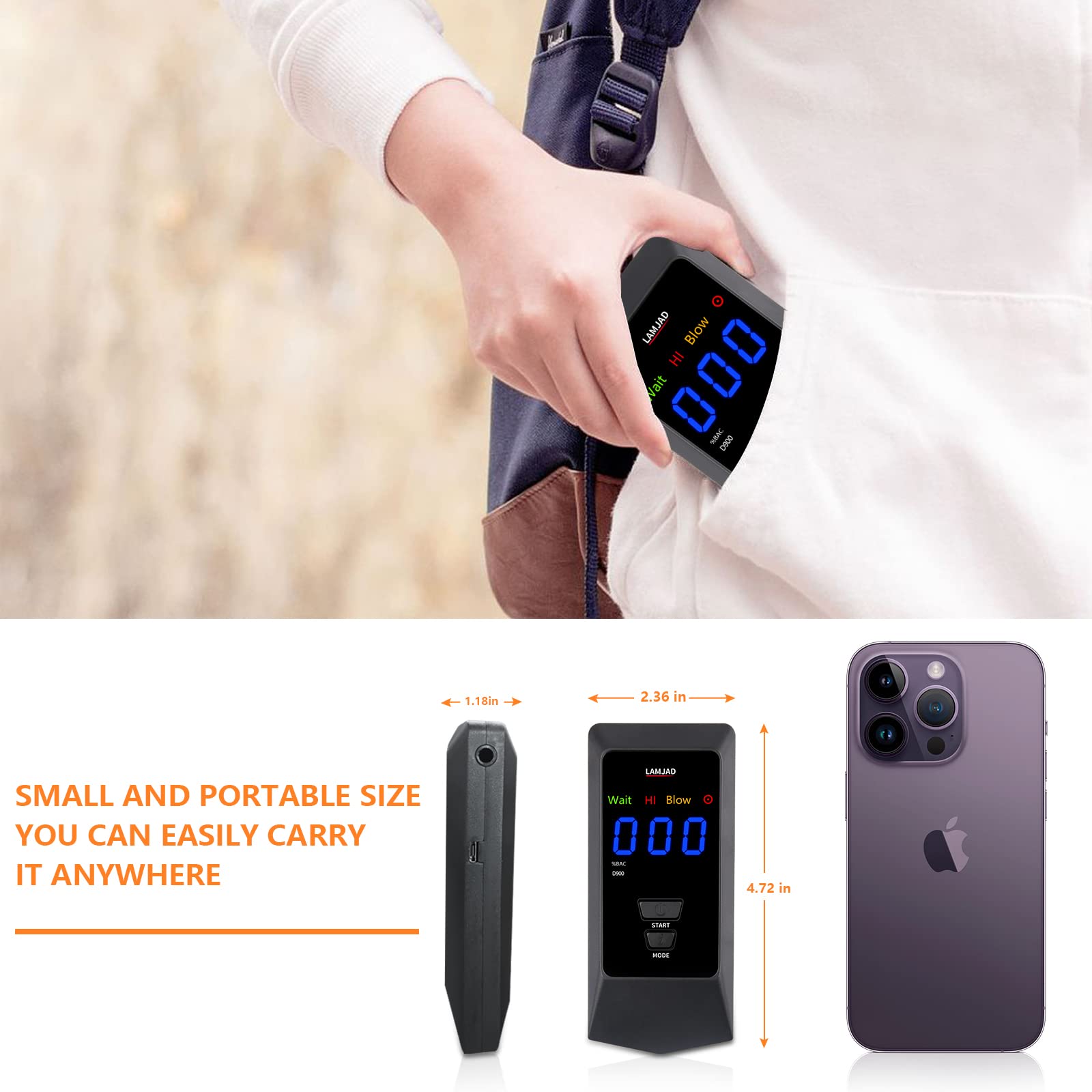LAMJAD D900 Professional Digital Alcohol Breathalyzer with LED Display & USB Charger - 8 Mouthpieces Included - Semiconductor Sensor Technology for Personal & Workplace Safety Testing