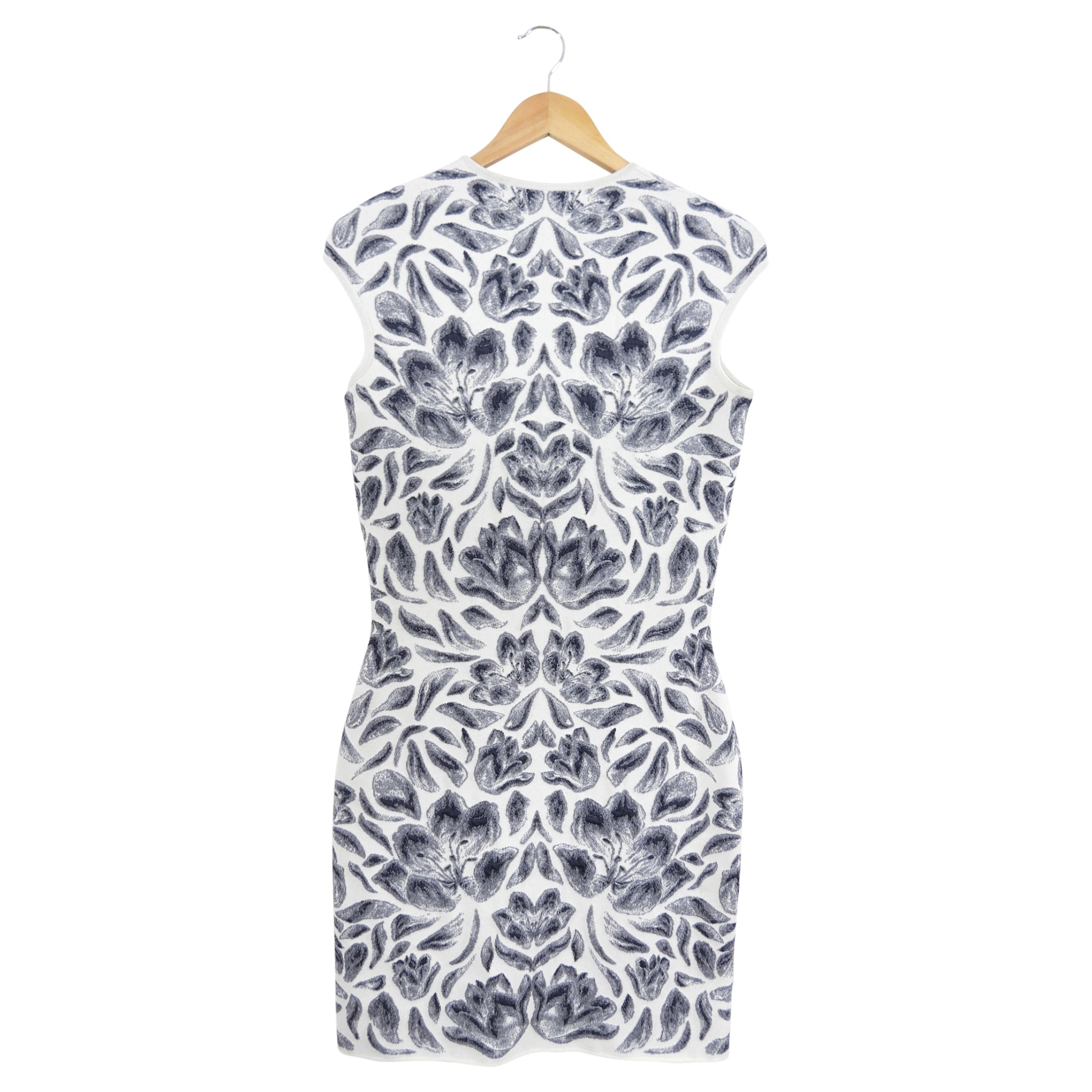 Alexander McQueen Grey White Stretch Knit Dress Size L (8) | Women's Luxury Bodycon Midi Dress for Party, Cocktail & Evening Wear