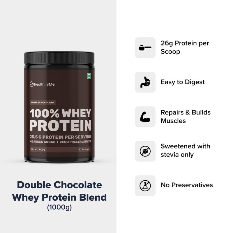 Healthifyme 100% Whey Protein Powder - 1 KG (2.2 lbs) | Whey Isolate & Concentrate Blend | 25.5g Protein per Serving | Digestive Enzymes Added | No Sugar, Preservatives | Muscle Recovery & Growth | Double Chocolate Flavor | Ideal for Post-Workout & Fitness Enthusiasts