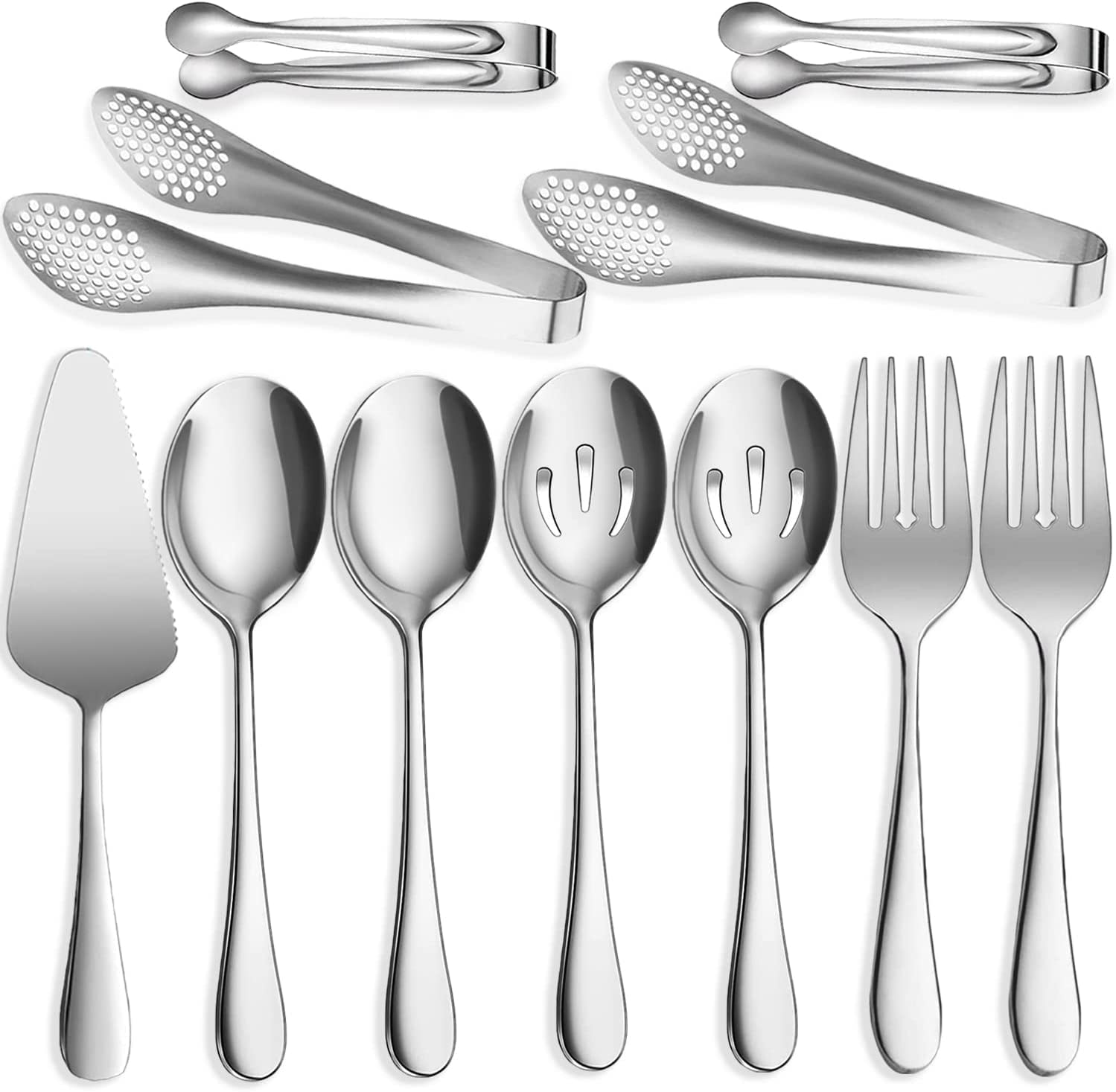 11-Piece Stainless Steel Serving Utensil Set - Large Spoons, Forks, Tongs & Pie Server - Perfect for Buffet, Catering, Banquet & Party Hosting - Elegant Silver Kitchen Tools for Entertaining & Food Service