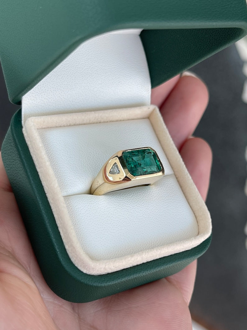 4.21tcw 14K Gold East-West Emerald & Trillion Cut Diamond Three Stone Ring for Women - Elegant Green Gemstone Jewelry for Engagement, Anniversary & Special Occasions