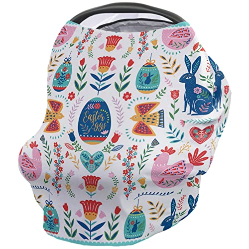 Breastfeeding Nursing Cover & Baby Car Seat Canopy - Boho Style Stroller & Shopping Cart Cover for Infant Girls & Boys - Easter Bunny, Spring Floral Design - Perfect for Nursing, Shopping & Outdoor Activities