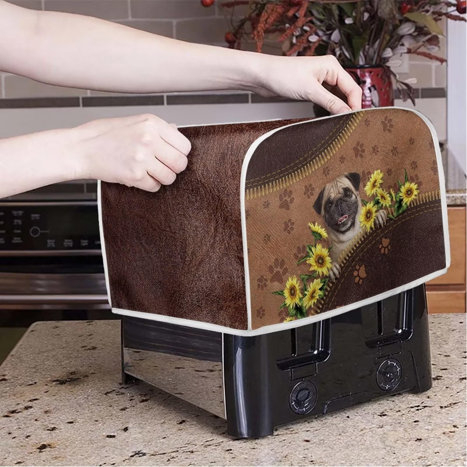 Sunflower & Bulldog Paw Print Toaster Cover - Dustproof & Protective Bread Machine Cover for Kitchen Appliances - Perfect for Toasters, Bread Makers & Ovens (Home & Office Use)