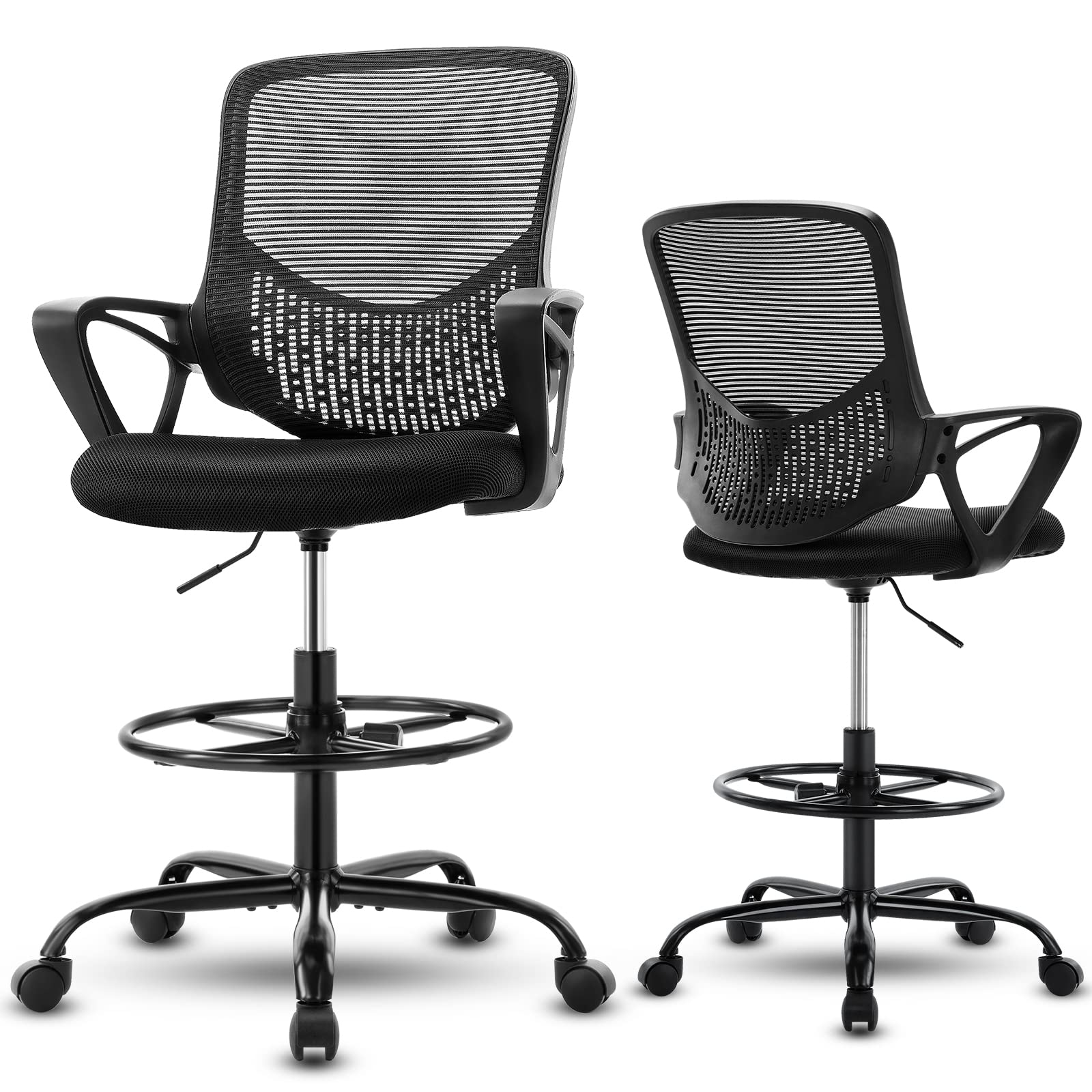 Ergonomic Adjustable Height Mesh Office Chair with Armrests & Foot Ring - Tall Standing Drafting Chair for Computer Work, Home Office & Studio - Black