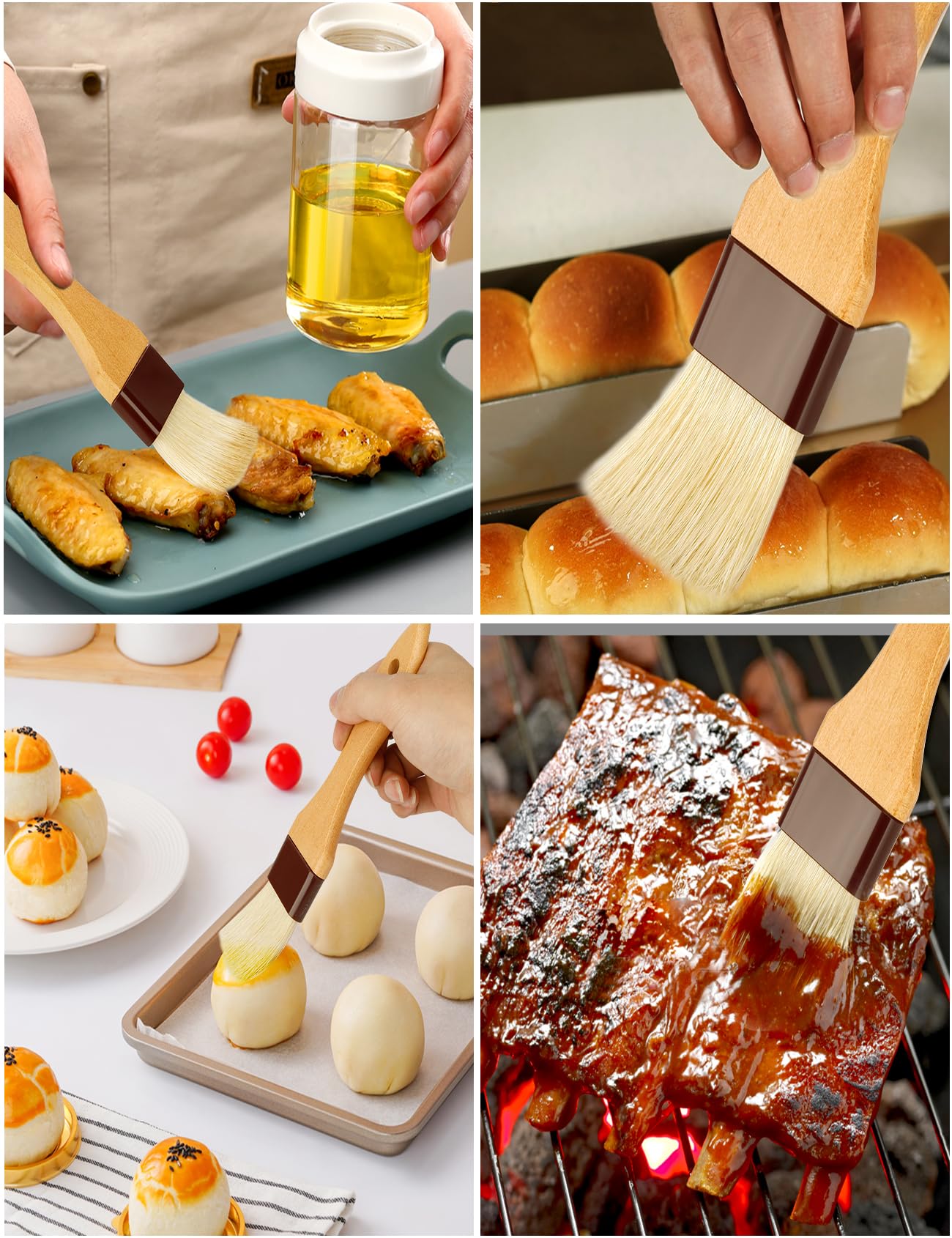 Natural Bristle Pastry Brush Set - 2 Pack Wooden Handle for Baking, BBQ & Cooking | Oil, Butter & Sauce Application