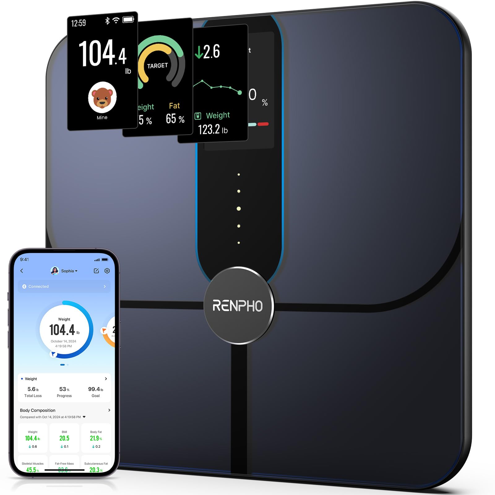 RENPHO Smart Body Fat Scale with TFT LCD - Digital Bluetooth WiFi Bathroom Scale for Weight, BMI, Muscle Mass & 18 Body Metrics - Rechargeable Smart Scale for Home Gym & Health Tracking (Elis Nova) - Perfect for Fitness Enthusiasts & Weight Management