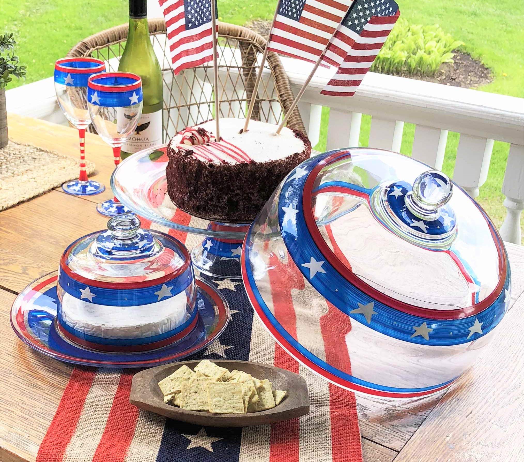 Hand Painted Patriotic Cake Stand with Glass Cover - July 4th Kitchen Decor | Unique American-Made Glassware for Weddings, Parties & Holiday Dessert Displays