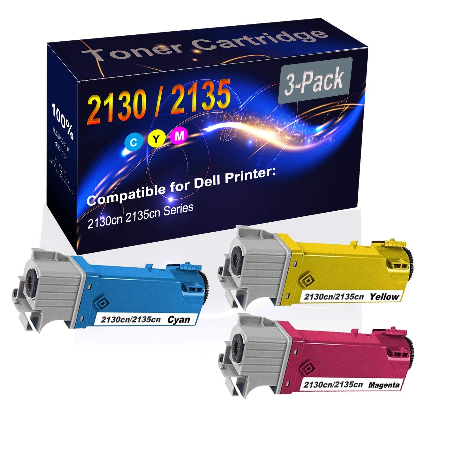 High-Capacity 3-Pack (Cyan+Yellow+Magenta) Compatible Dell 2130cn/2135cn Laser Toner Cartridge - Replacement for 330-1437 T107C, 330-1438 T108C & 330-1433 T109C - Ideal for Office Printing & High-Volume Documents
