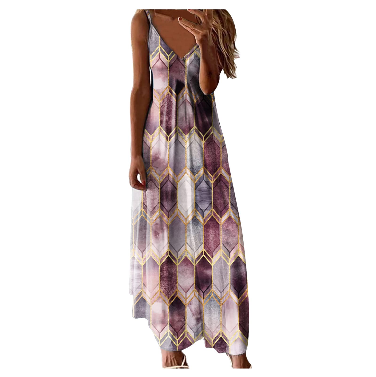 AxiBa Women's Plus Size V-Neck Sleeveless Long Casual Dress with Vest Print - Perfect for Summer Outings, Beach Vacations & Casual Wear