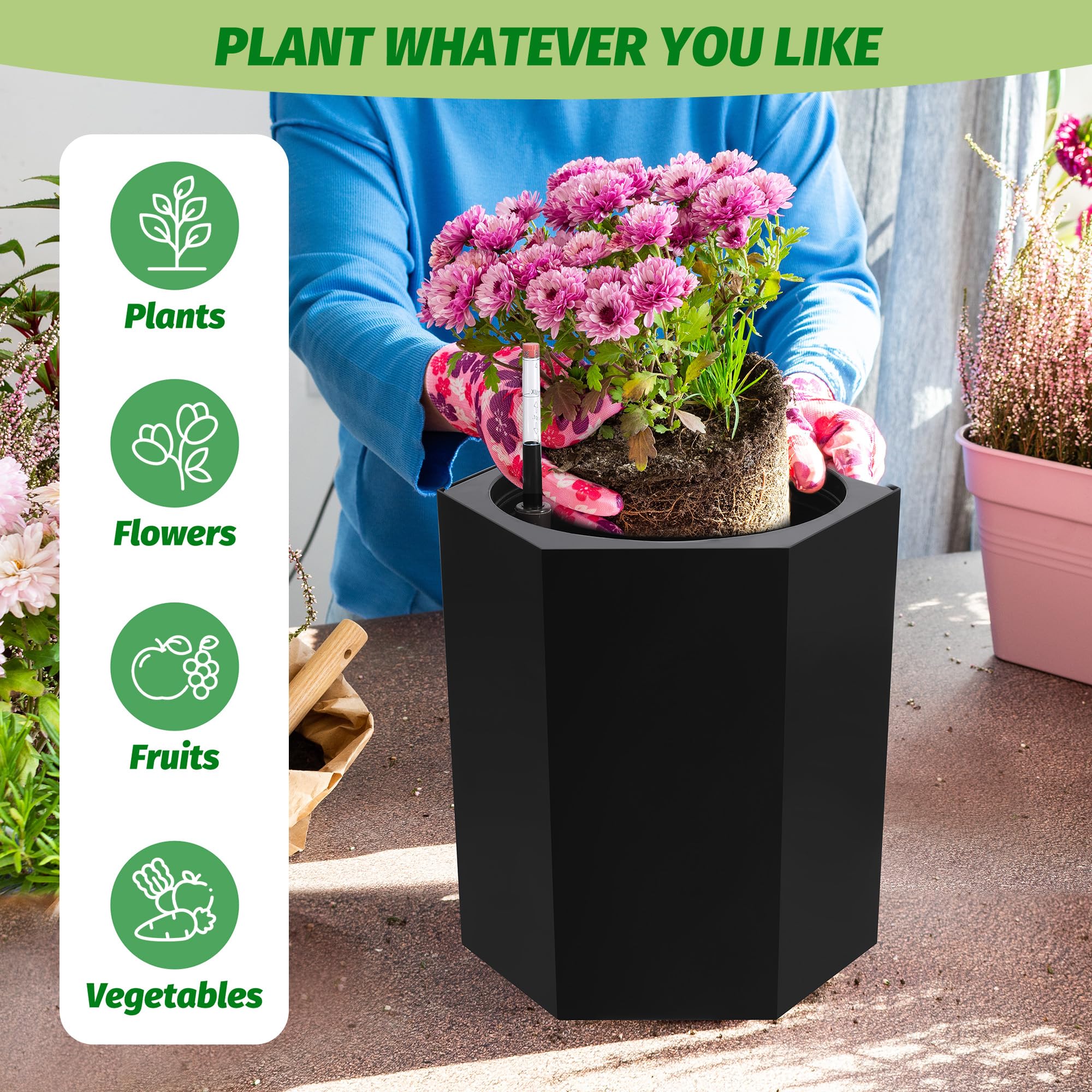 GARVEE 16 Inch Tall Self Watering Planters Set of 2 - Indoor Outdoor Large Flower Pots with Water Level Indicator, Drainage Hole & Wheels - Perfect for Garden, Patio, Balcony, Living Room, Office Decor (Black)