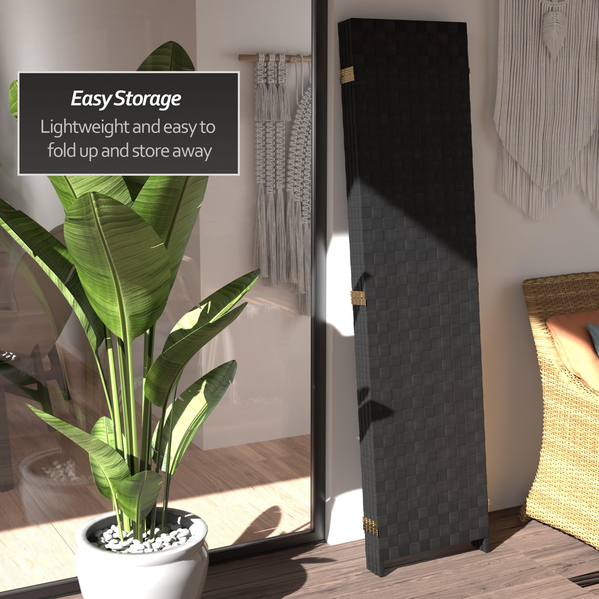 6 ft. Tall Black Woven Fiber Outdoor All-Weather Red Lantern Room Divider - 4 Panel Privacy Screen for Patio, Garden, or Indoor Space Decoration