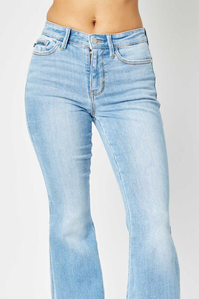 Judy Blue Women's Full Size Mid Rise Raw Hem Slit Flare Jeans - Comfortable Stretch Denim Pants for Casual Wear & Everyday Outfits