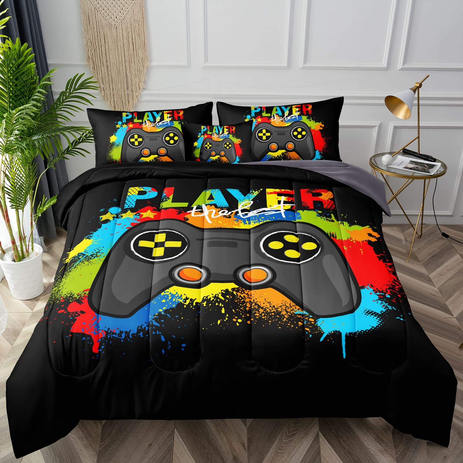 BDUCOK 6-Piece Gamer Comforter Set - Queen Size Video Game Controller Bedding for Kids & Adults - 3D Gamepad Design Microfiber Bed in a Bag - Perfect for Gaming Rooms & Teen Bedrooms (Queen)