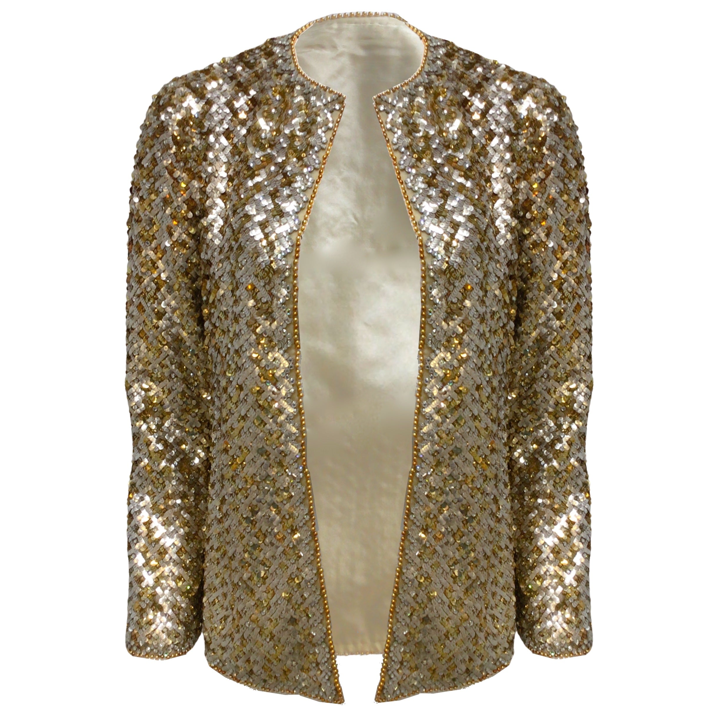 Vintage Christian Dior Gold & Silver Metallic Sequined Beaded Open Front Jacket - Perfect for Evening Parties, Weddings & Special Occasions