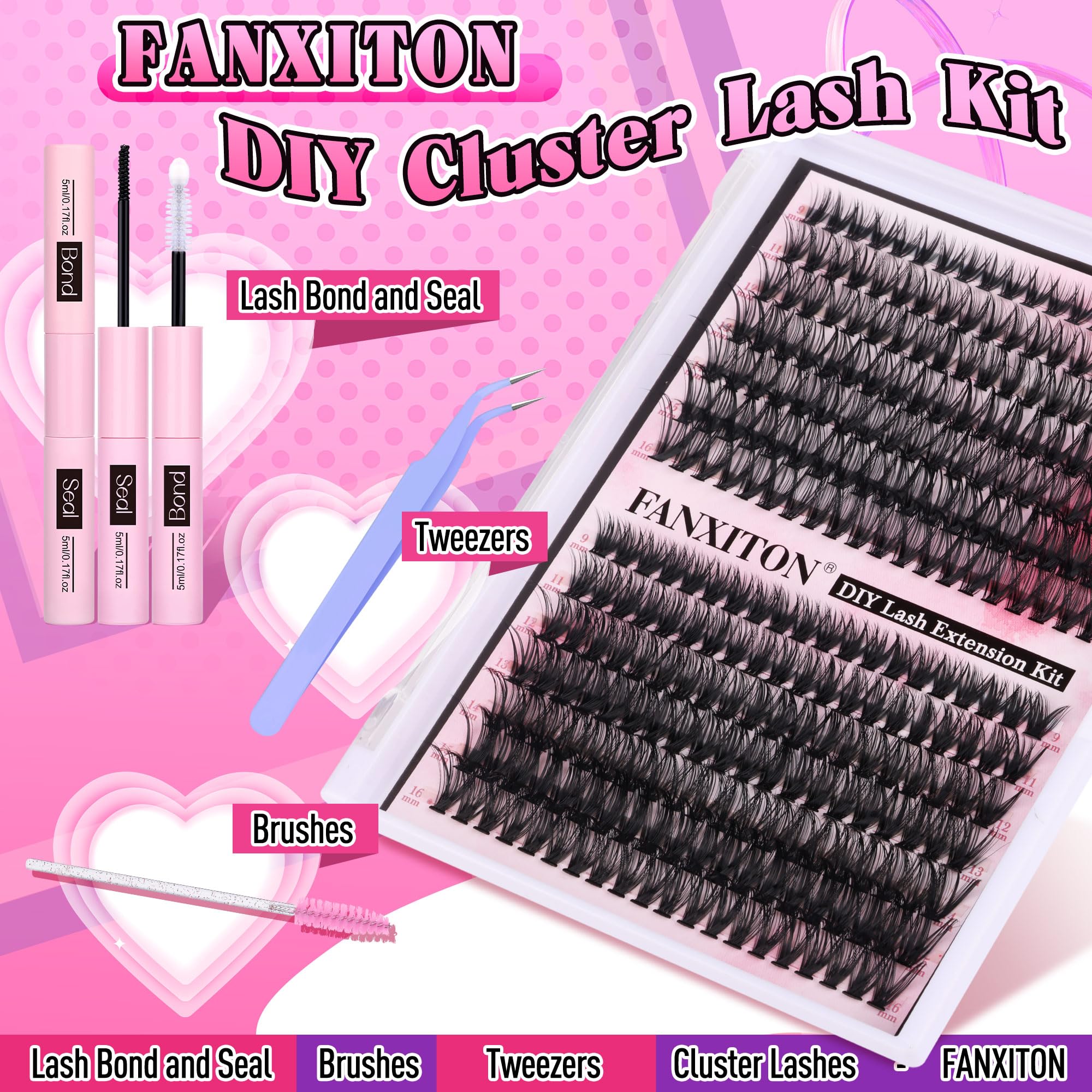 FANXITON DIY Lash Extension Kit - 280pcs Volume Eyelash Clusters (40D+50D D Curl) with Thin Band, Bond, Seal & Tweezers for Professional Salon-Like Results at Home - Perfect for Parties, Weddings & Special Occasions