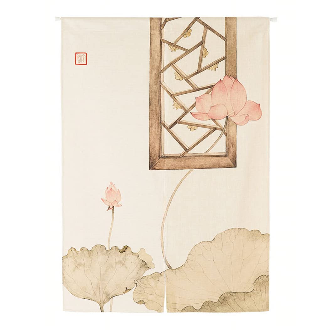 Japanese Noren Door Curtain - Traditional Chinese Ink Lotus Design Room Divider (33.5