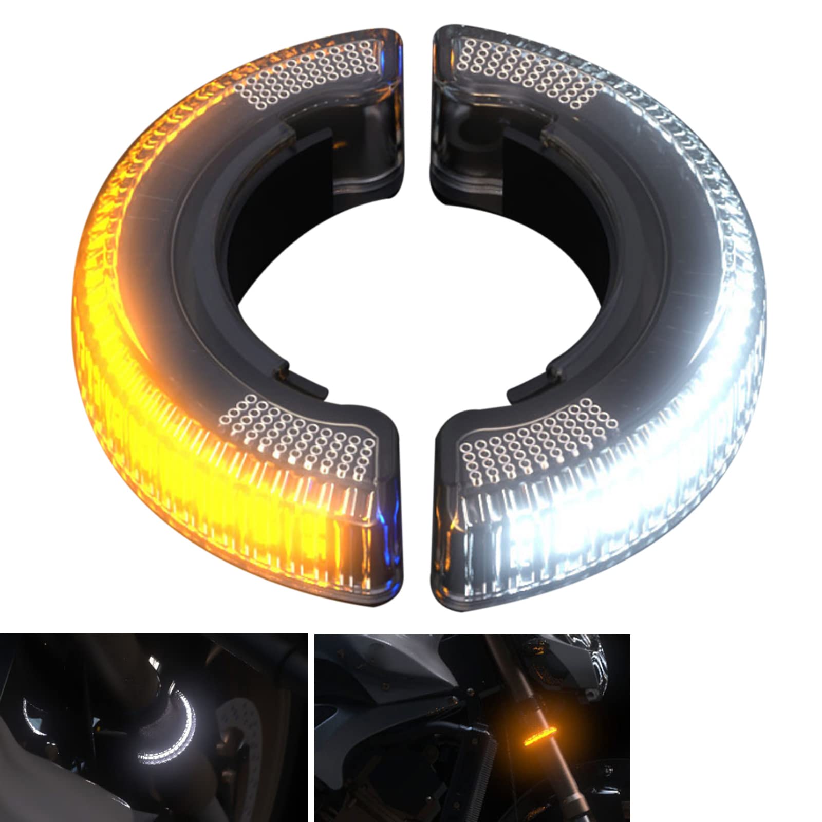 Motorcycle Fork Amber LED Turn Signal Strip Lights Kit - Front & Rear Turning Indicator Lights for Fork Pipe Diameter Below 51mm - Daytime Running Light (White) - Perfect for Harley, Honda, Yamaha & Cruiser Bikes - Enhances Visibility & Safety for Night Riding