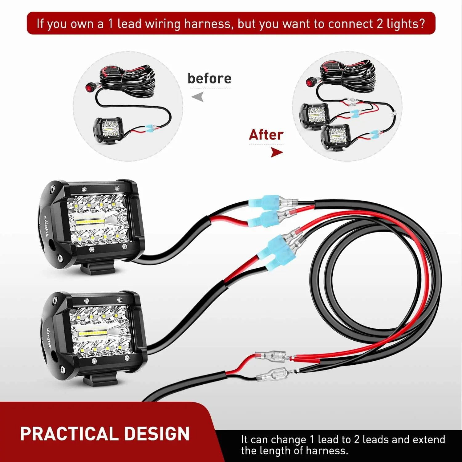 2PCS 16AWG 3FT Wire Extension Kit - 1 to 2 Splitter Cable for LED Light Bars, LED Pods & Work Lights - Perfect for Off-Road Vehicles, Trucks & Marine Lighting Installations